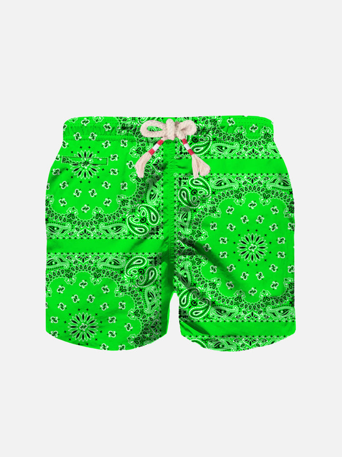 Boy Fluo Green Swim Shorts With Bandanna Print __single__ Swimshort