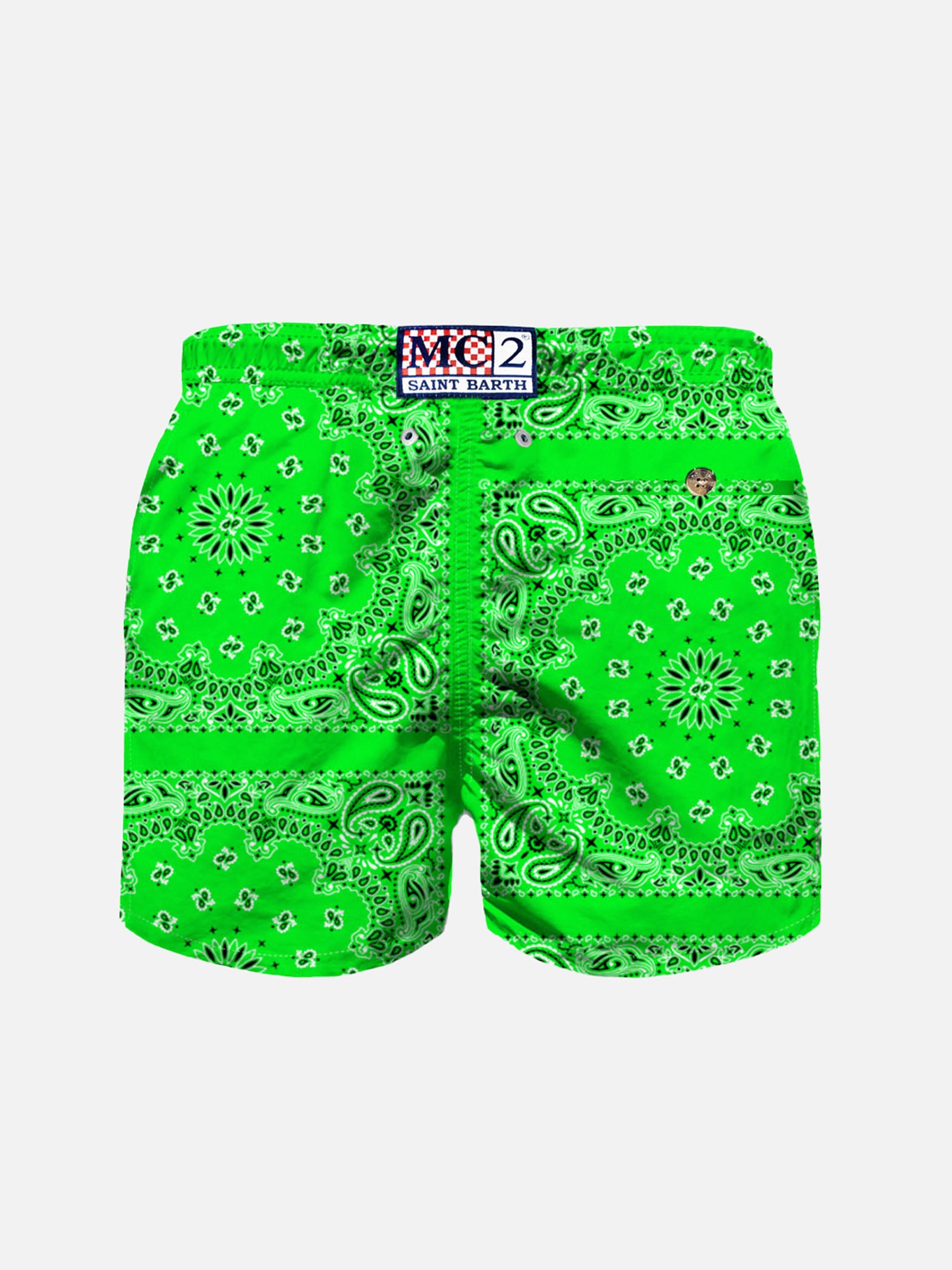 Boy Fluo Green Swim Shorts With Bandanna Print Verde Swimshort