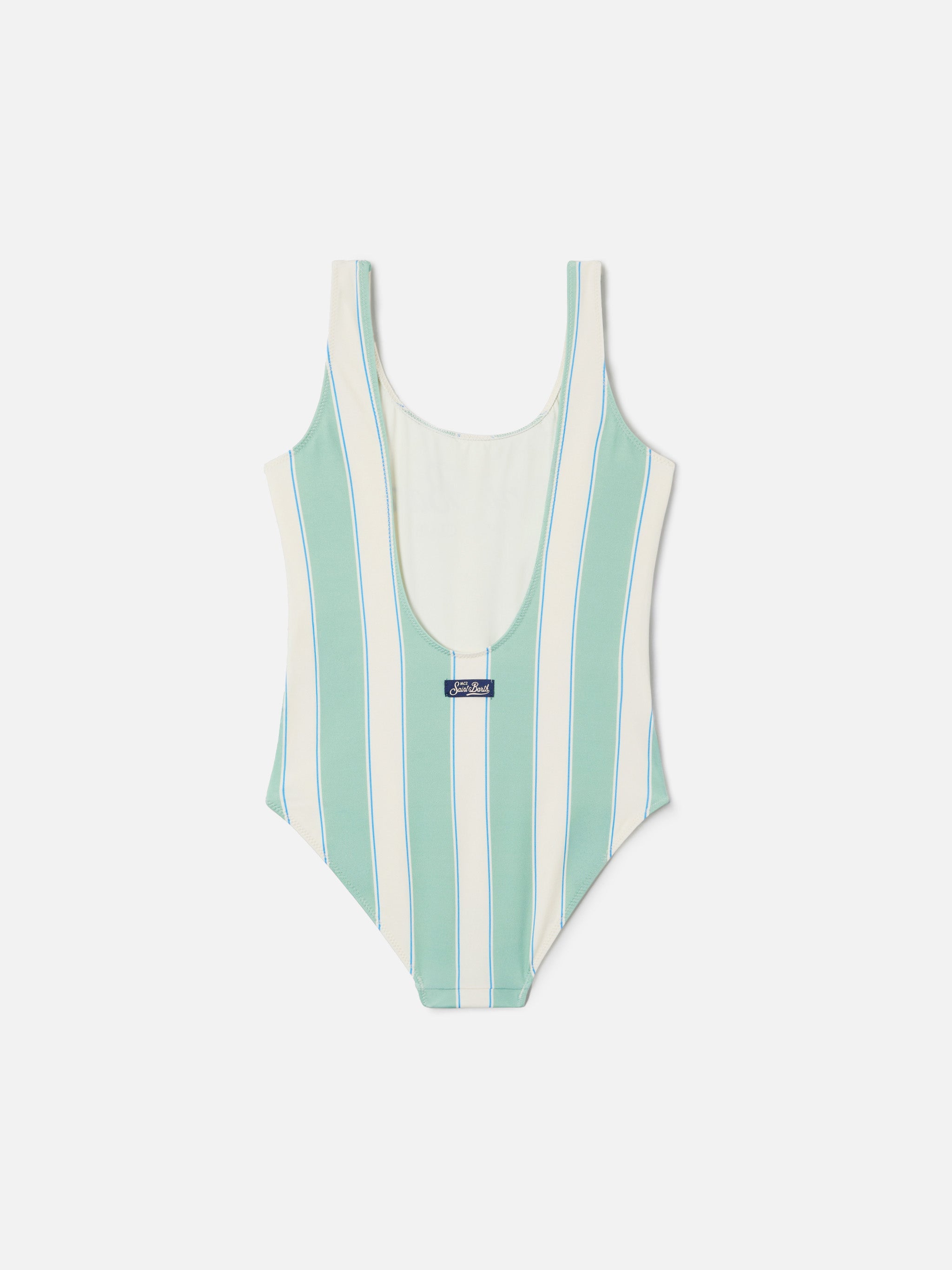 Cara Green And White Striped One-Piece Swimsuit With Beach Club Print __single__ One Piece