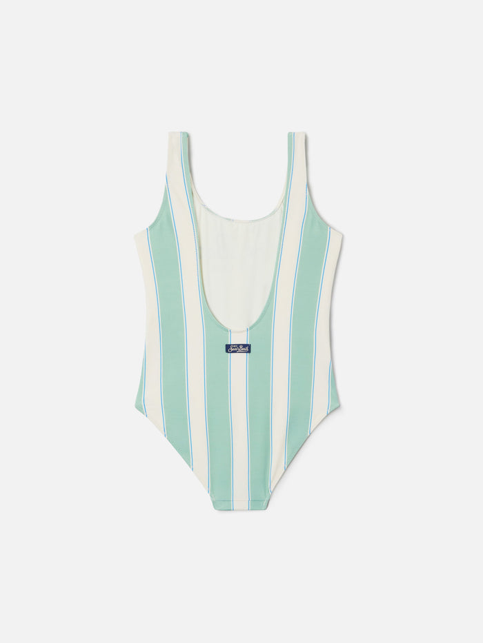 Cara Green And White Striped One-Piece Swimsuit With Beach Club Print __single__ One Piece
