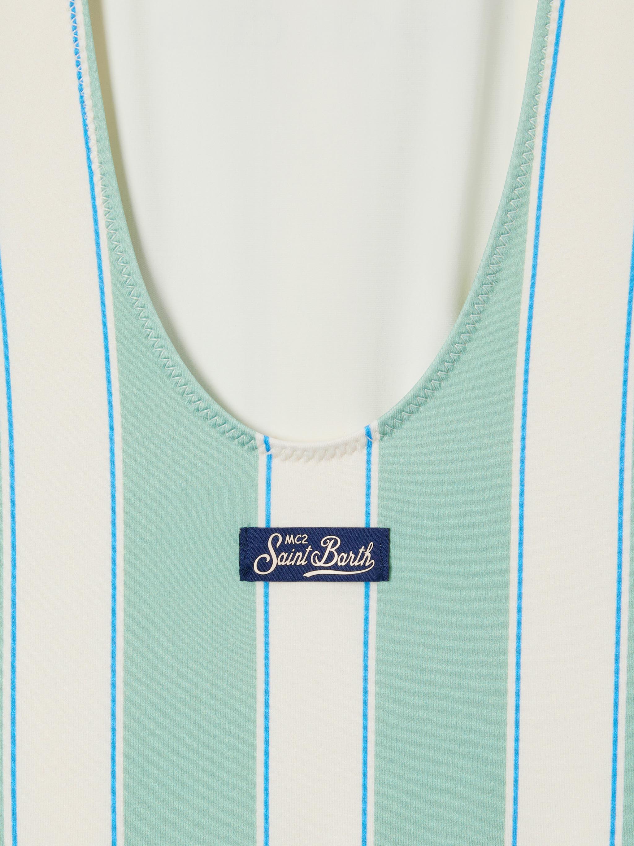Cara Green And White Striped One-Piece Swimsuit With Beach Club Print __single__ One Piece
