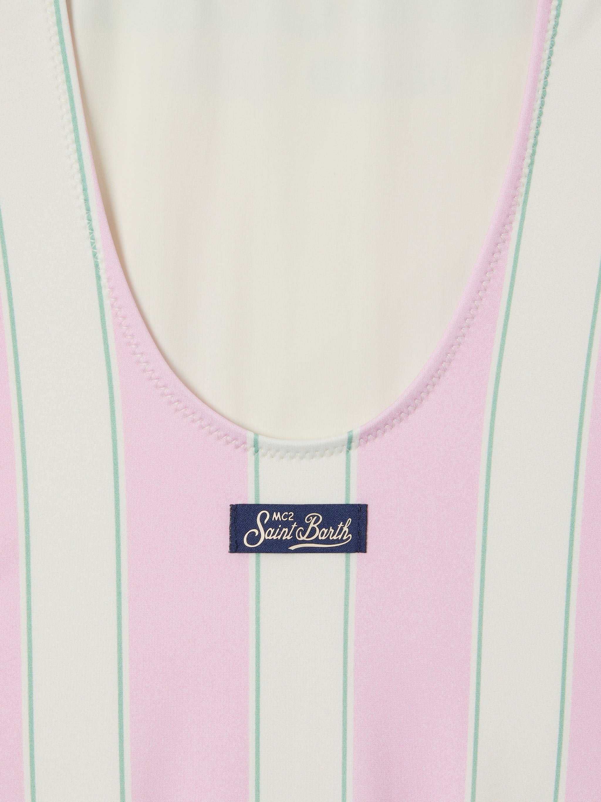 Cara Pink And White Striped One-Piece Swimsuit With Beach Club Print __single__ One Piece