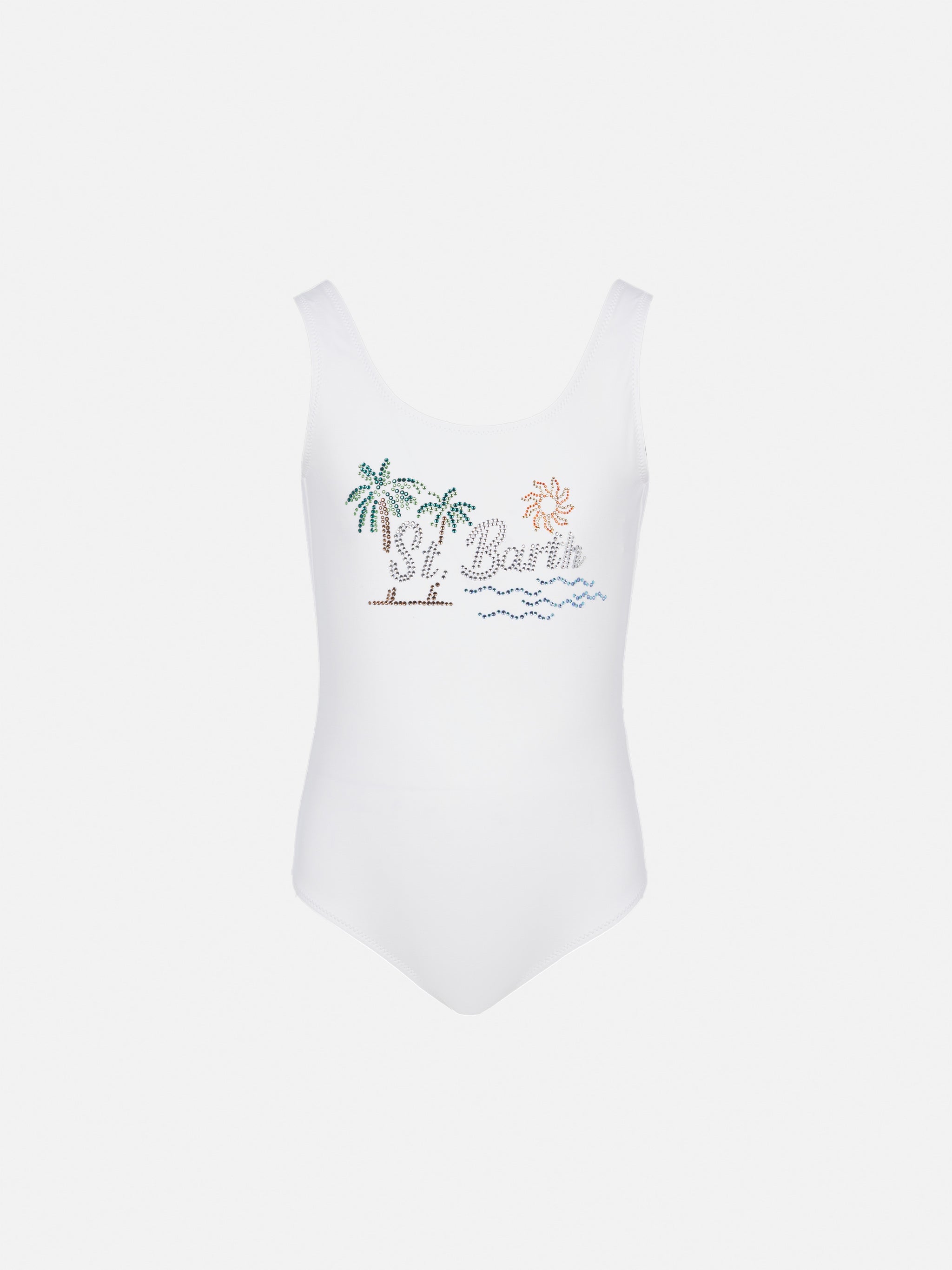 Cara One-Piece Swimsuit With St. Barth Sunset Rhinestone Design White One Piece