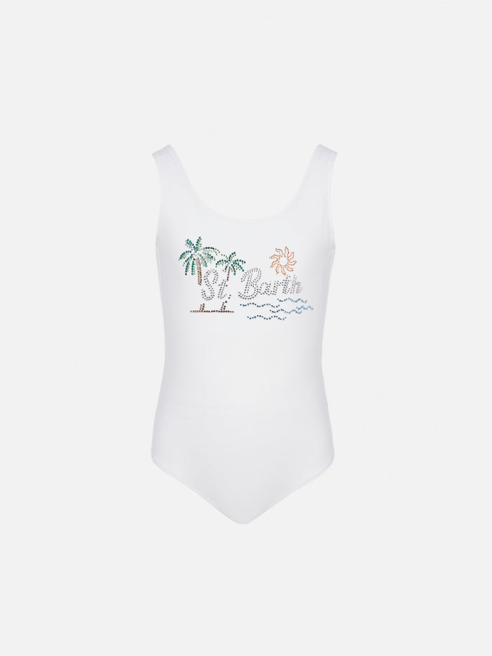 Cara One-Piece Swimsuit With St. Barth Sunset Rhinestone Design White One Piece