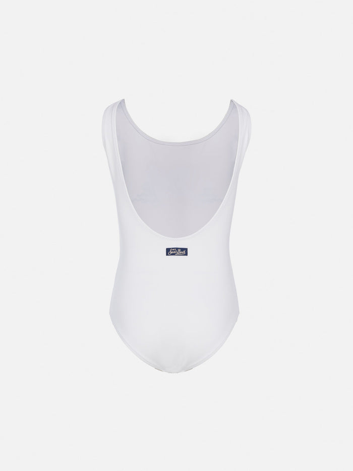 Cara One-Piece Swimsuit With St. Barth Sunset Rhinestone Design White One Piece