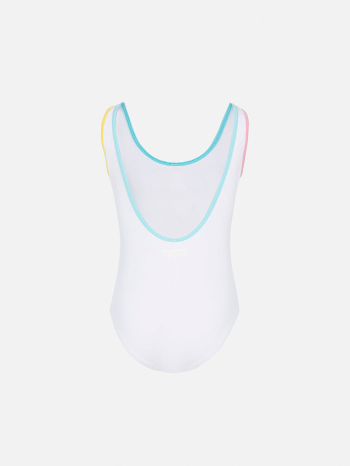 Cara White Ribbed One-Piece Swimsuit With Multicolor Logo Patch __single__ One Piece