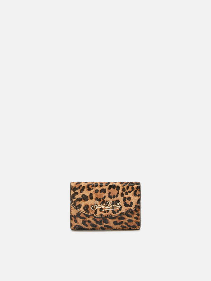 Card Holder Brushed Leather And Leopard-Print Calf Hair Brown Small Accessories
