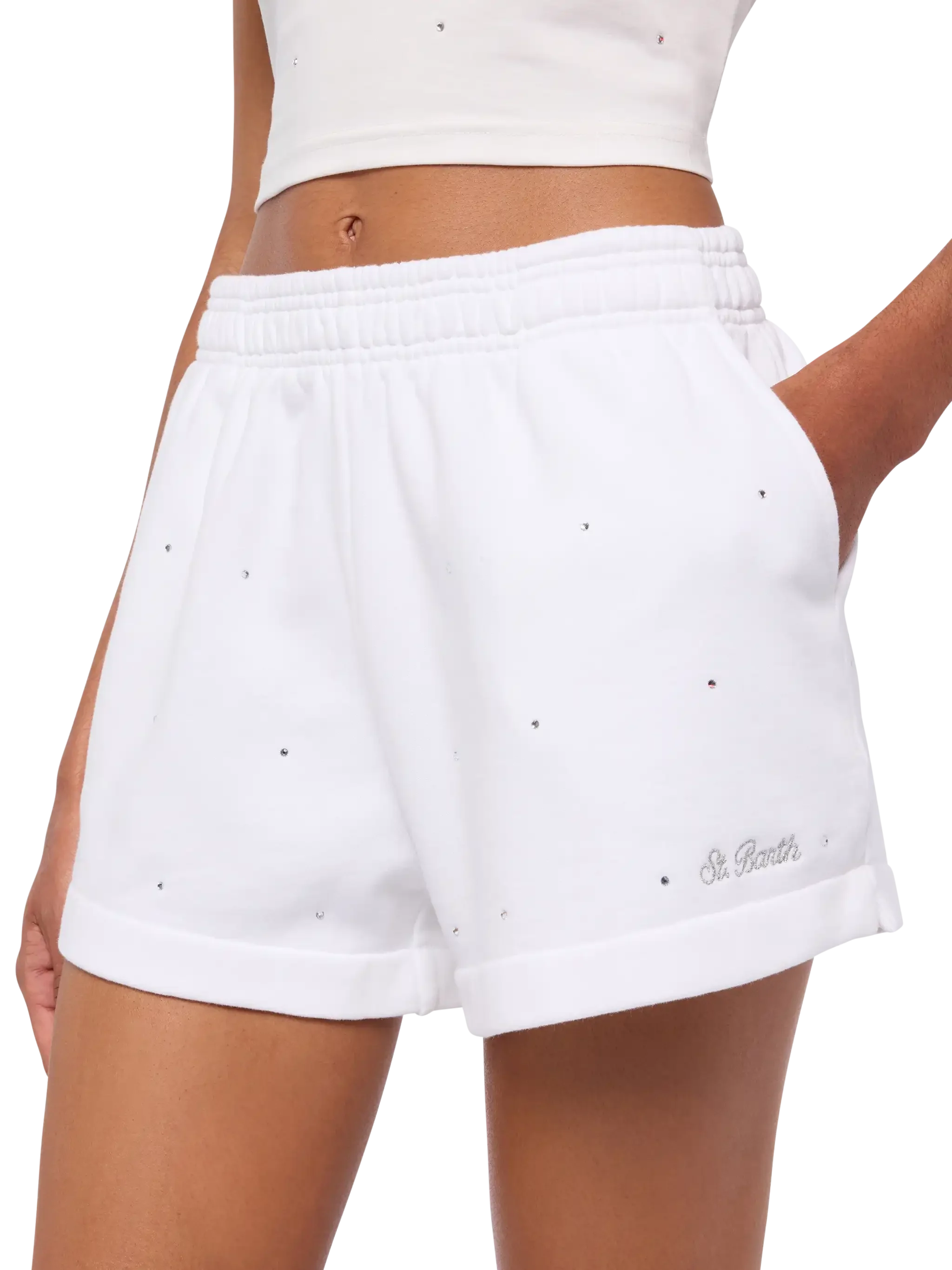 Cate White Cotton Pull Up Shorts With Striped Rhinestone Embellishment Pant