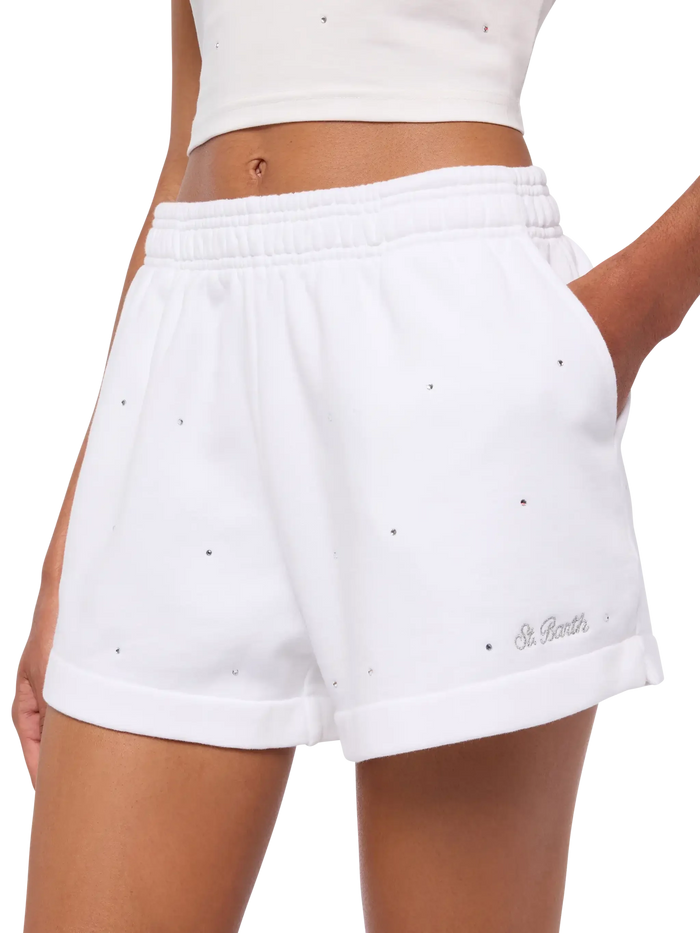 Cate White Cotton Pull Up Shorts With Striped Rhinestone Embellishment Pant