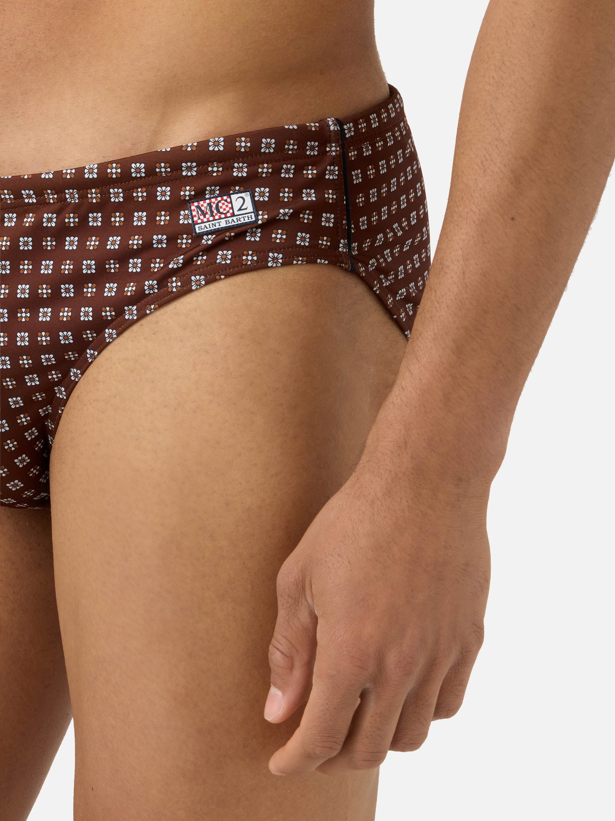 Cayo Brown Solid Swim Briefs With Geometric Print Brief / Slip