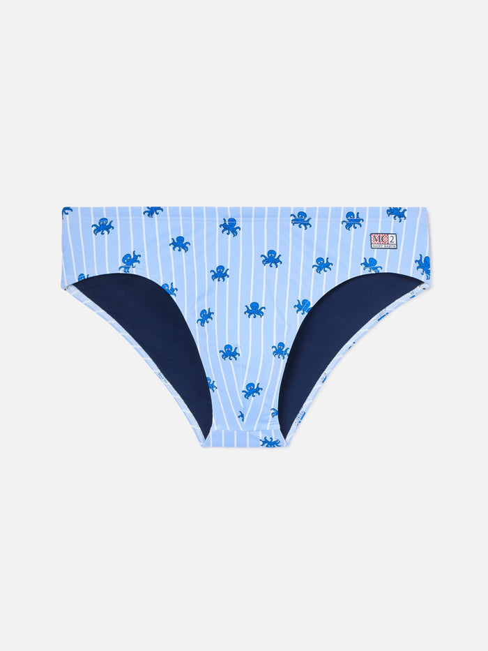 Cayo Light Blue Striped Swim Briefs With Octopus Print Brief / Slip