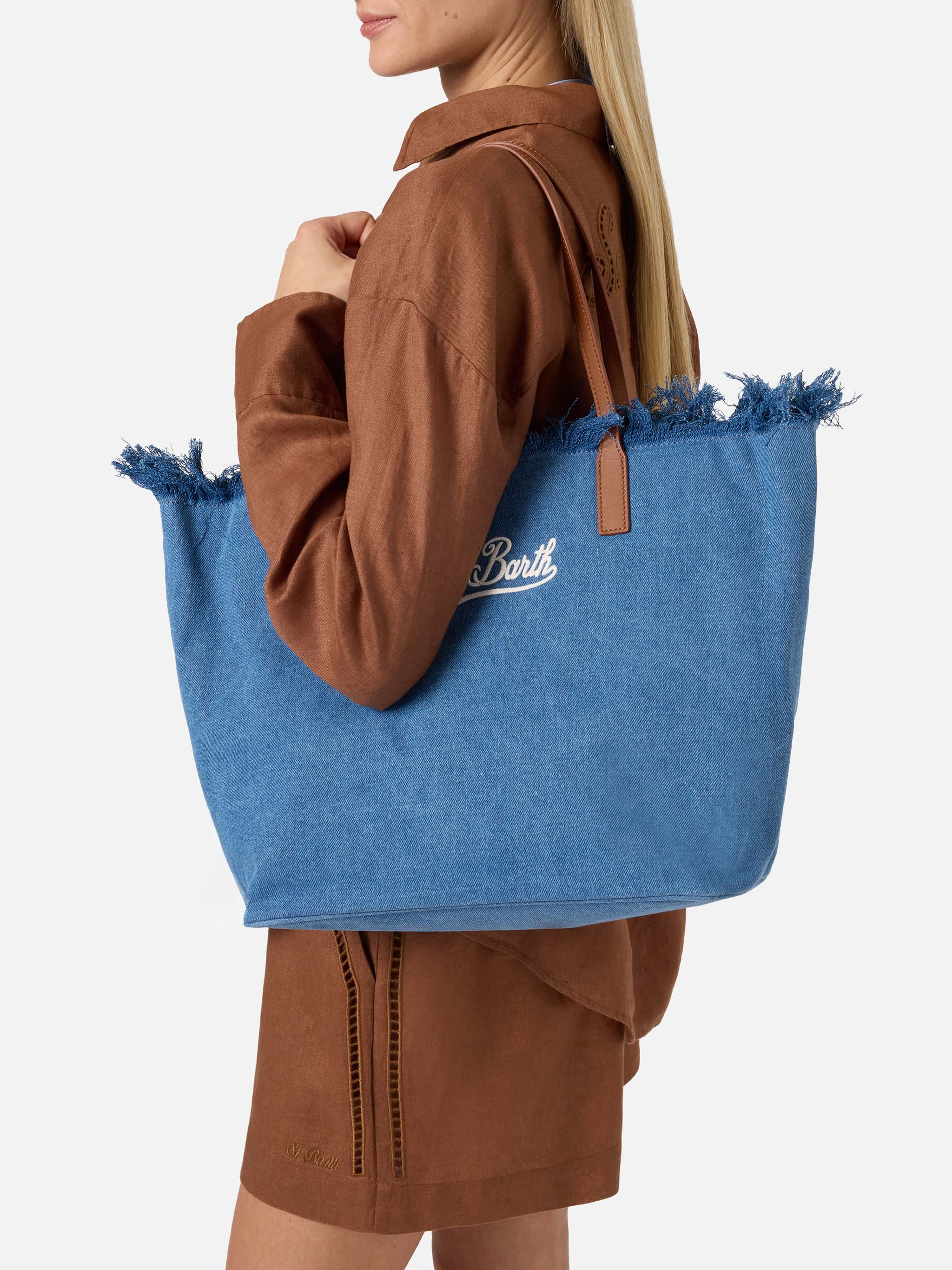 City Regular Bag Denim Fabric With Fringes Blue