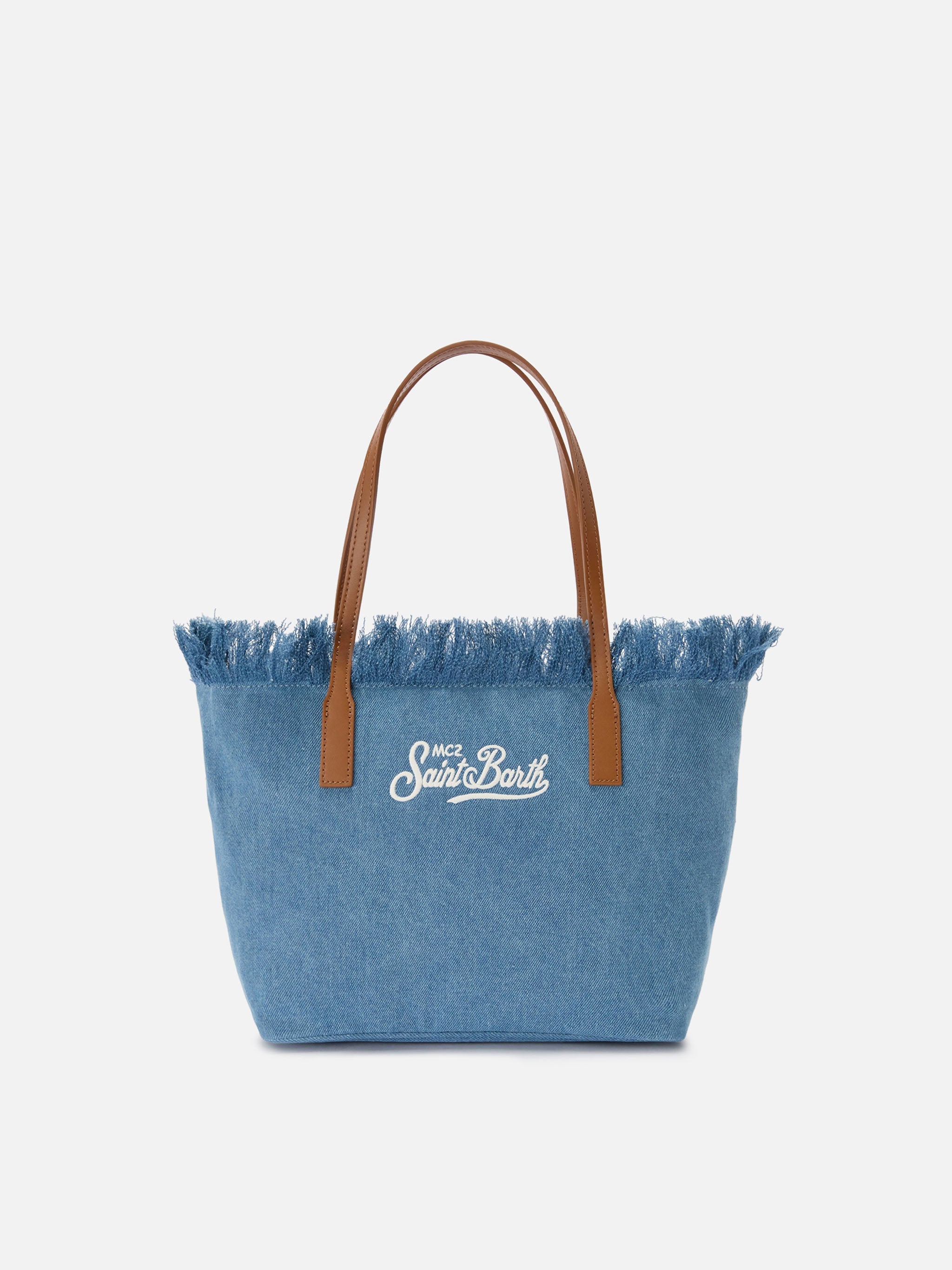 Medium City Shopper Bag Denim Fabric With Fringes Blue