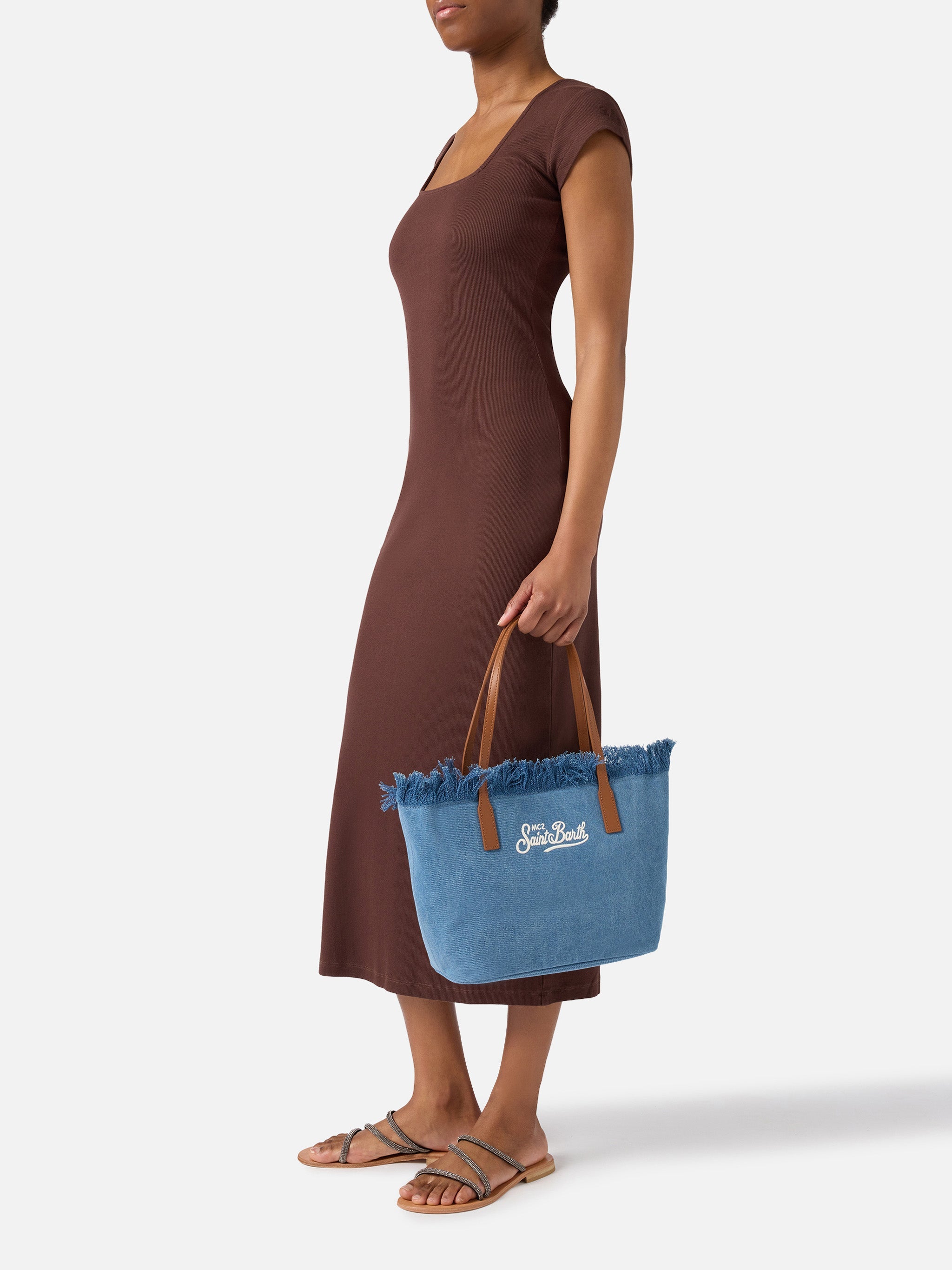Medium City Shopper Bag Denim Fabric With Fringes Blue