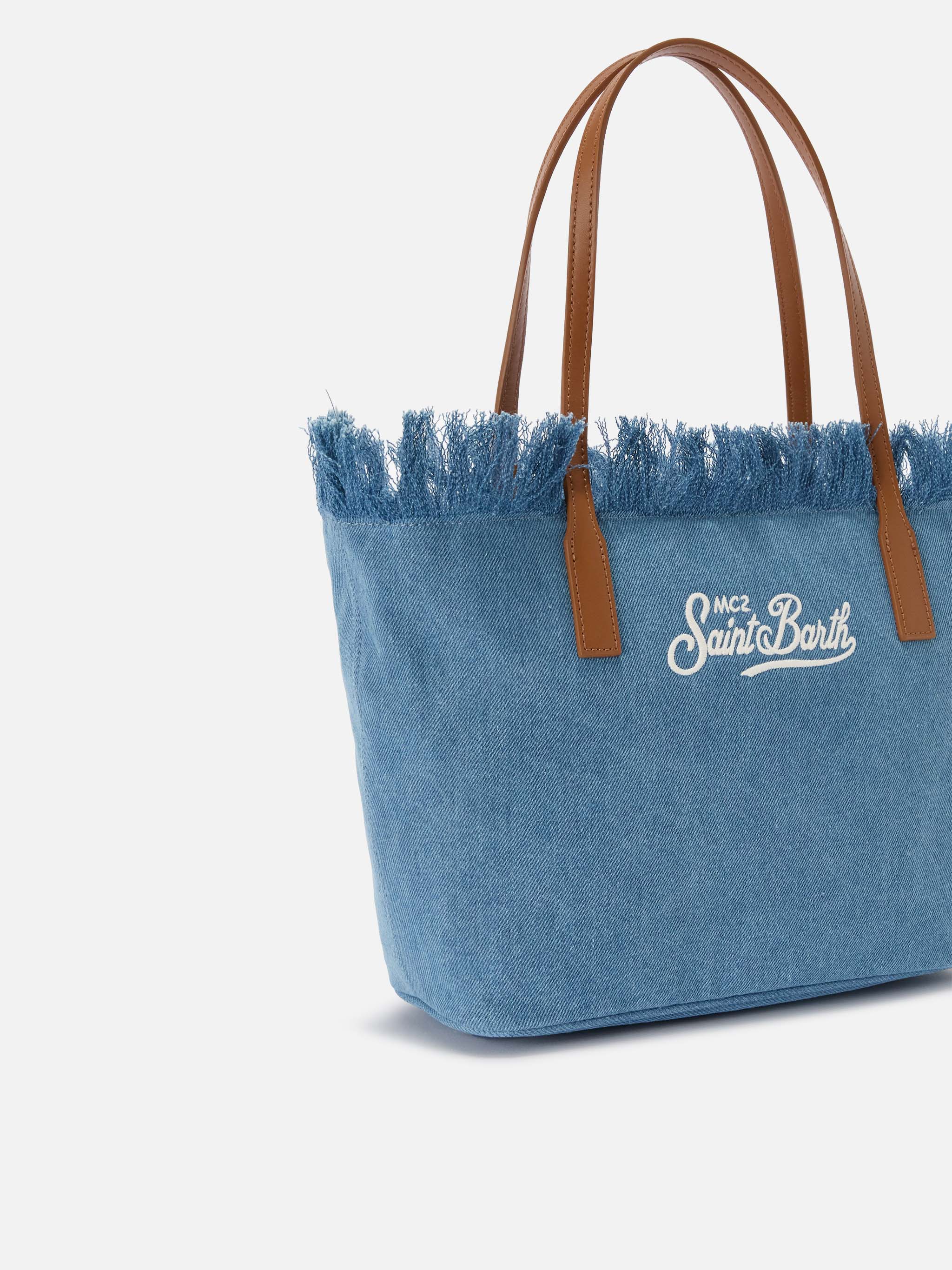 Medium City Shopper Bag Denim Fabric With Fringes Blue