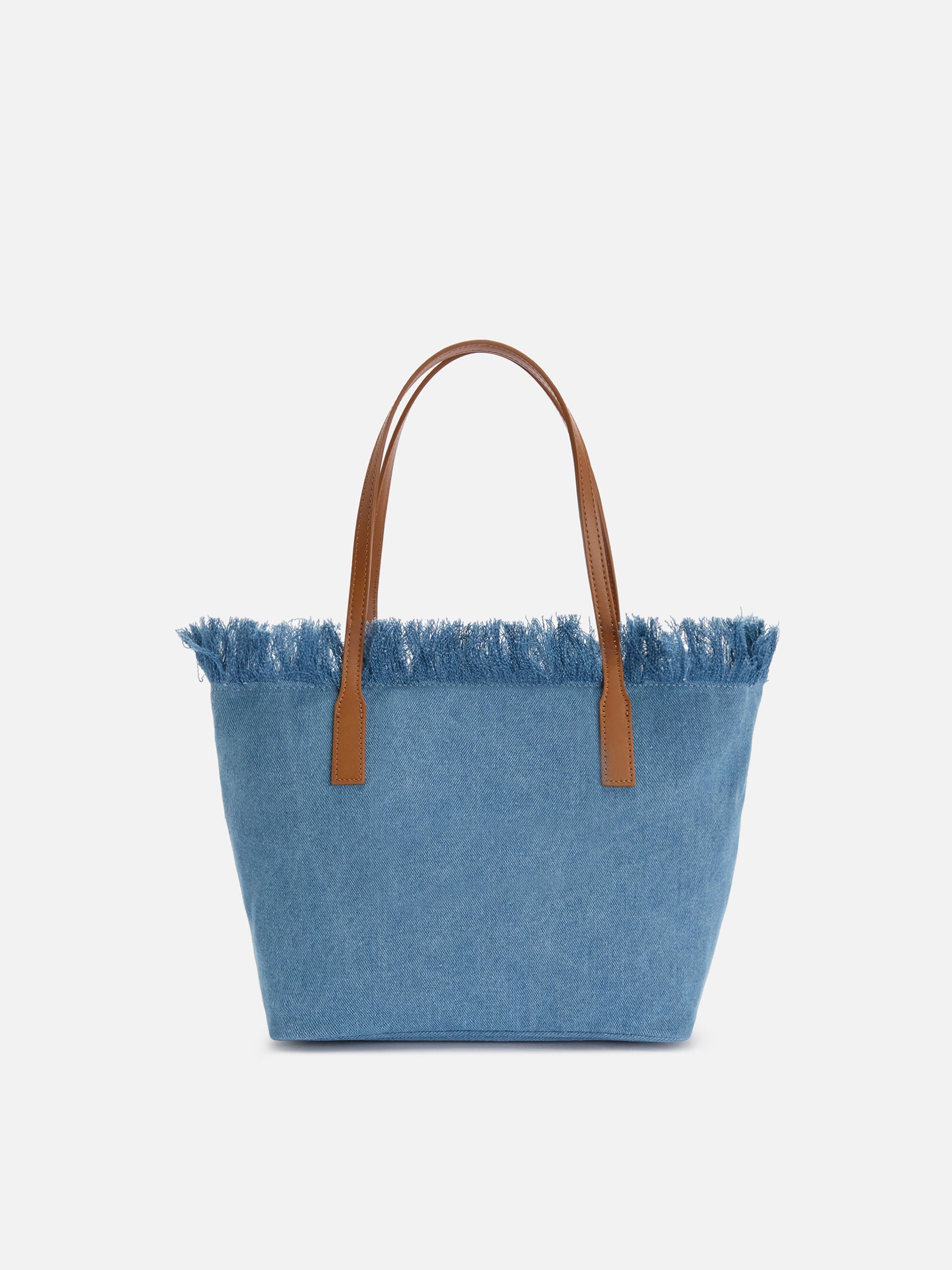 Medium City Shopper Bag Denim Fabric With Fringes Blue