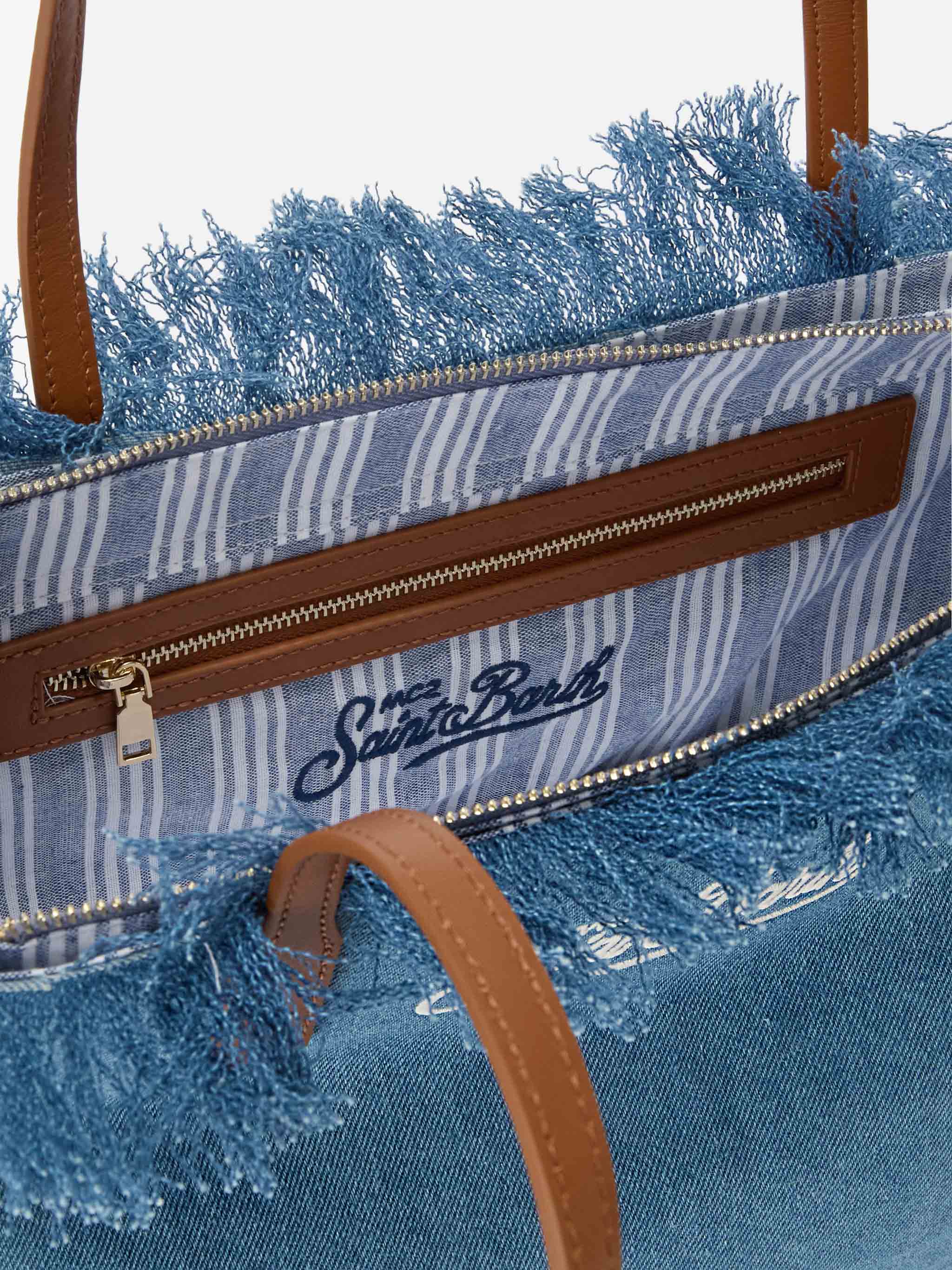 Medium City Shopper Bag Denim Fabric With Fringes Blue