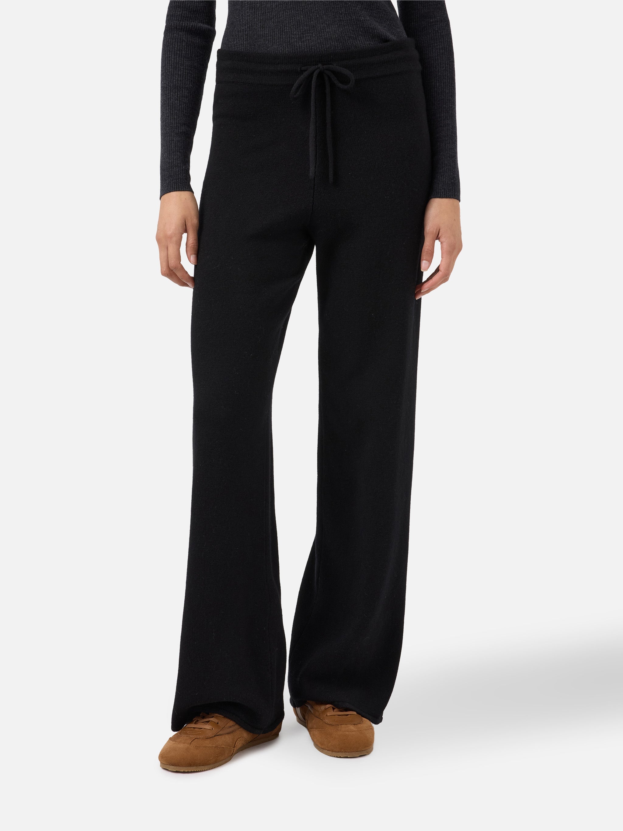 Cambon Palazzo Trousers Pure Wool Black High Waist With Drawstring Pant