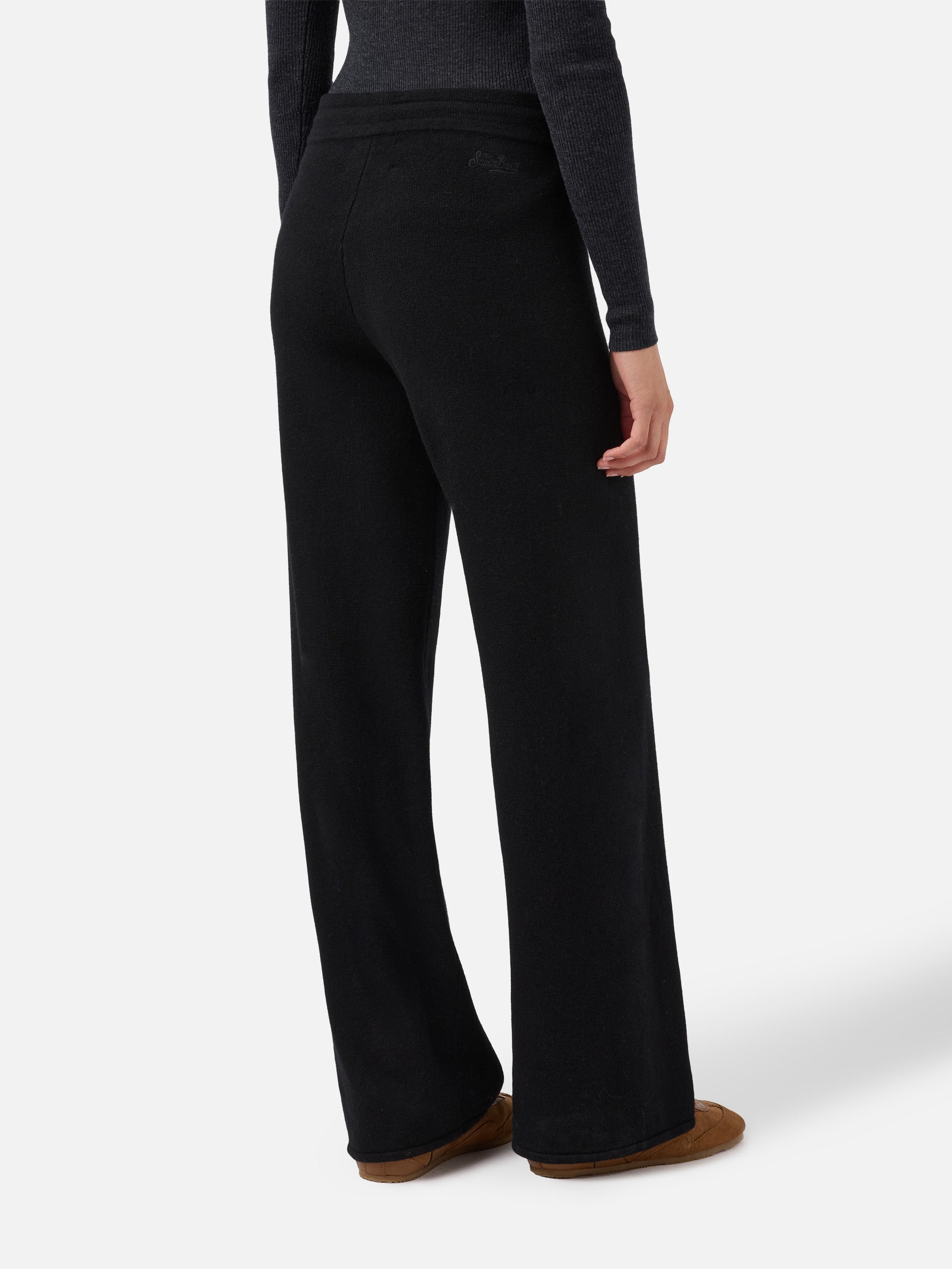 Cambon Palazzo Trousers Pure Wool Black High Waist With Drawstring Pant