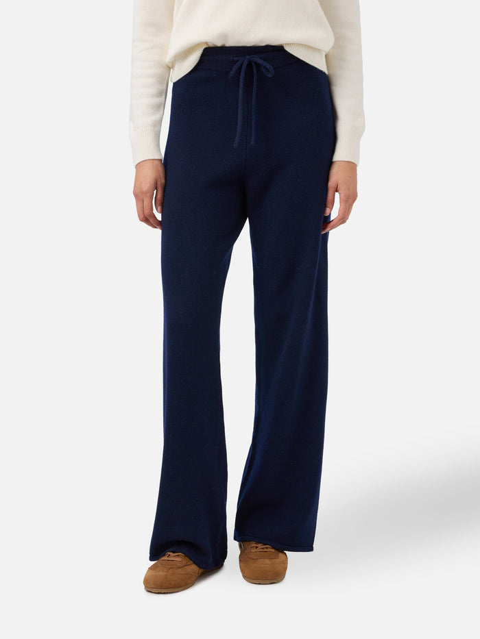 Cambon Palazzo Trousers Pure Wool Navy Blue High Waist With Drawstring Pant