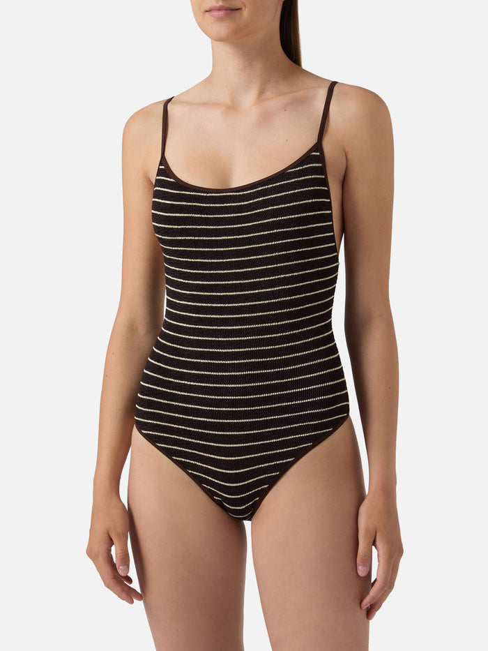 Cecille String One-Piece Swimsuit Brown And White Striped Crinkle Fabric One Piece