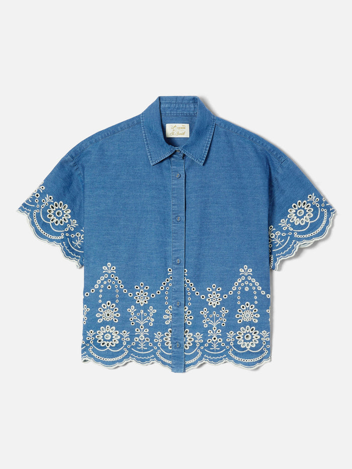 Clementine Chambray Shirt With Floral Embroidery Blue