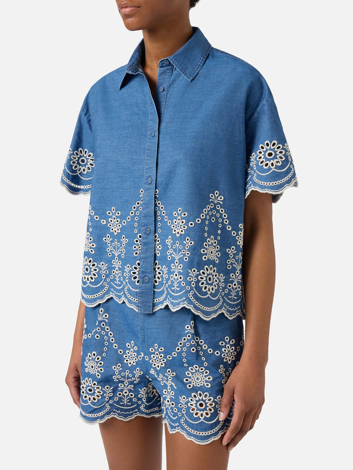 Clementine Chambray Shirt With Floral Embroidery Blue