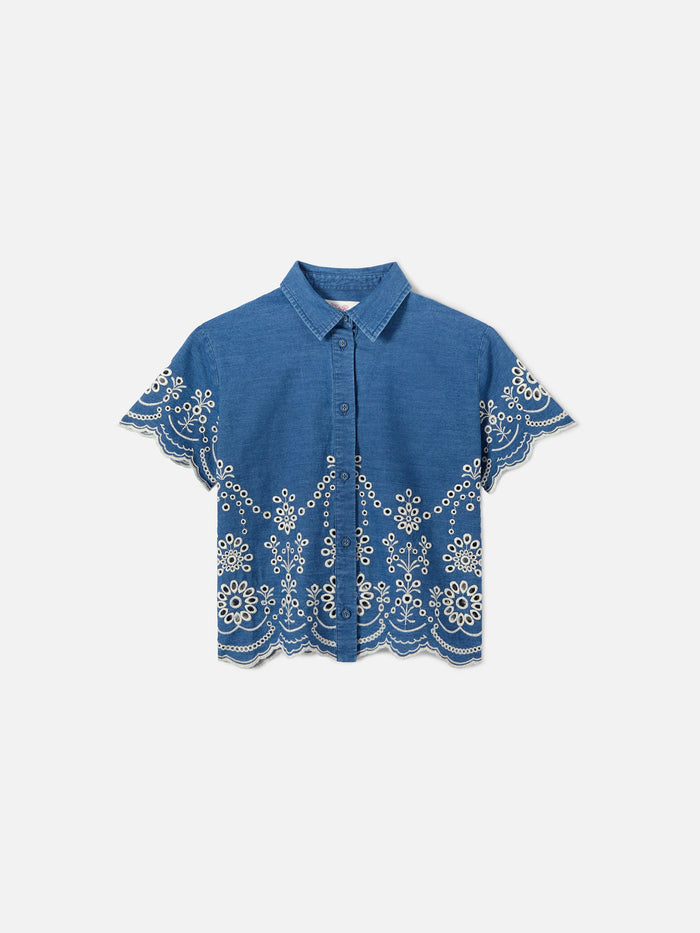 Clementine Jr Shirt Denim-Effect Chambray With Sangallo Embroidery Blue