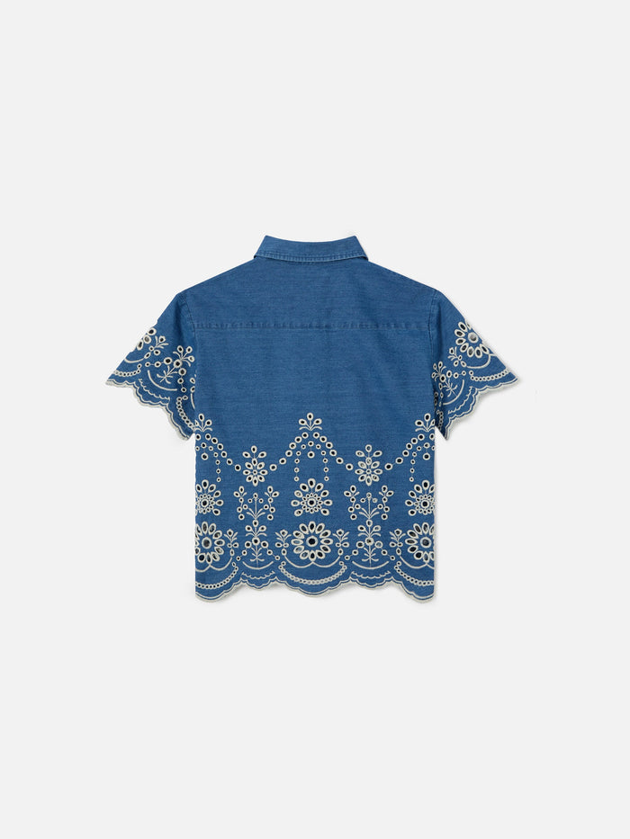Clementine Jr Shirt Denim-Effect Chambray With Sangallo Embroidery Blue