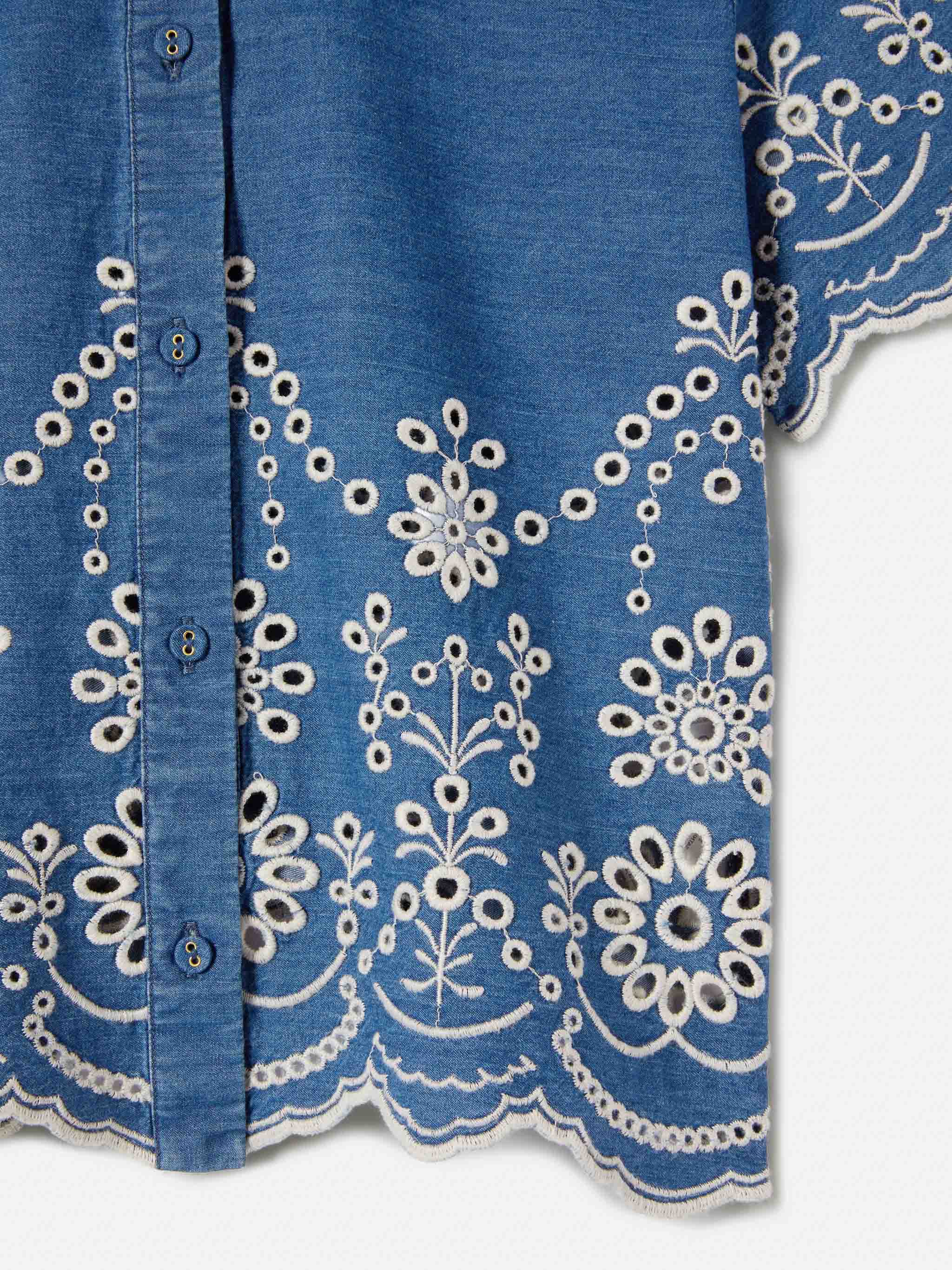 Clementine Jr Shirt Denim-Effect Chambray With Sangallo Embroidery Blue