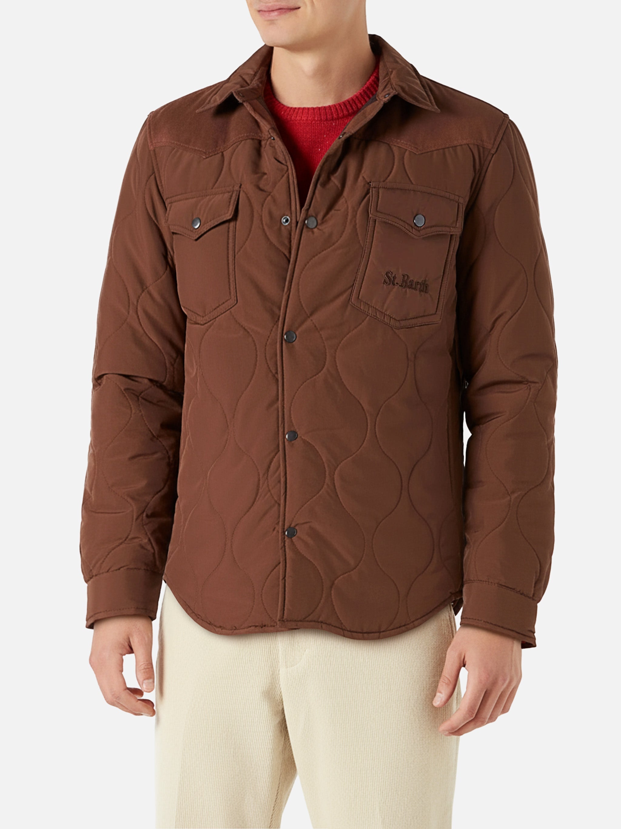 Man Brown Padded Overshirt With Patch Pockets Jacket