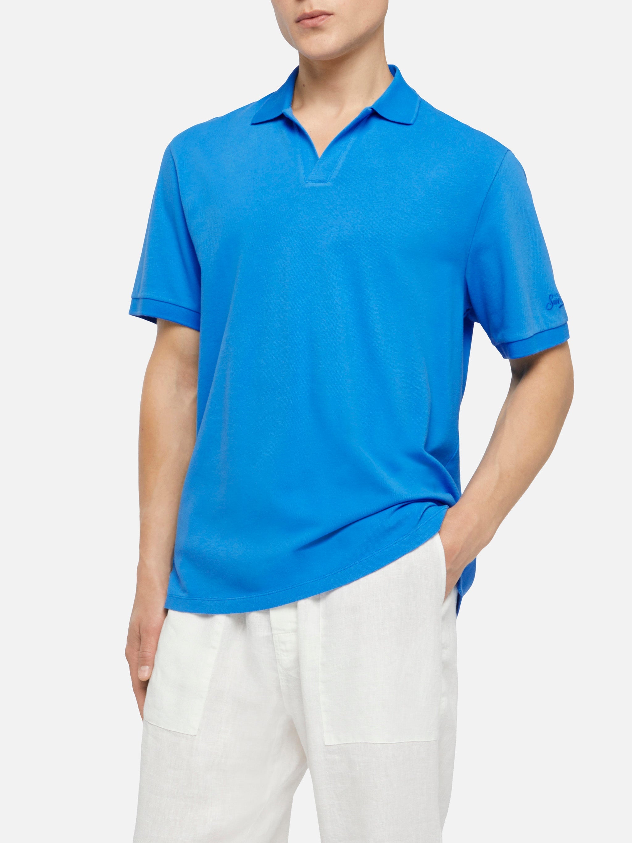 Bluette Cotton Piquet Buttonless Polo Shirt Charles Blue