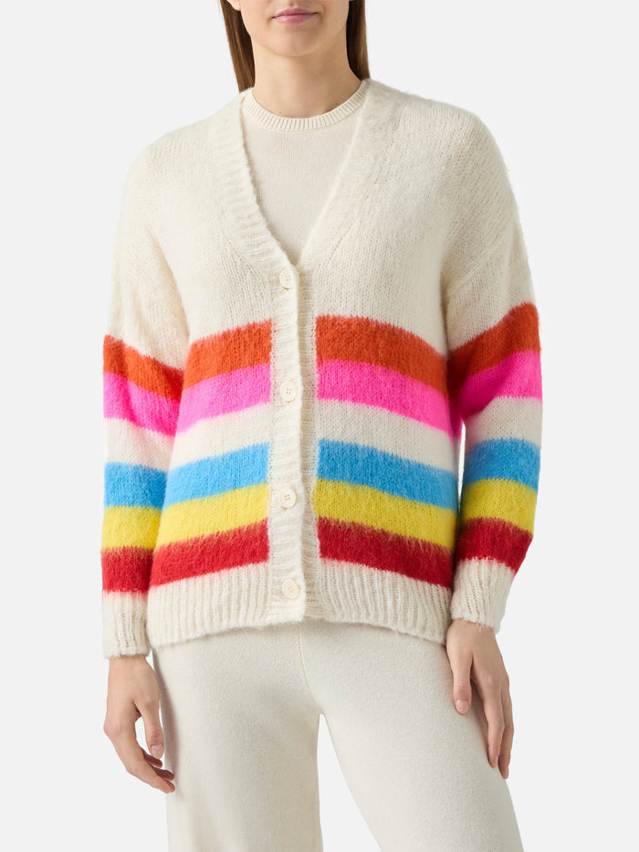 Soft Brushed Multicolor Striped Cardigan Chloe White