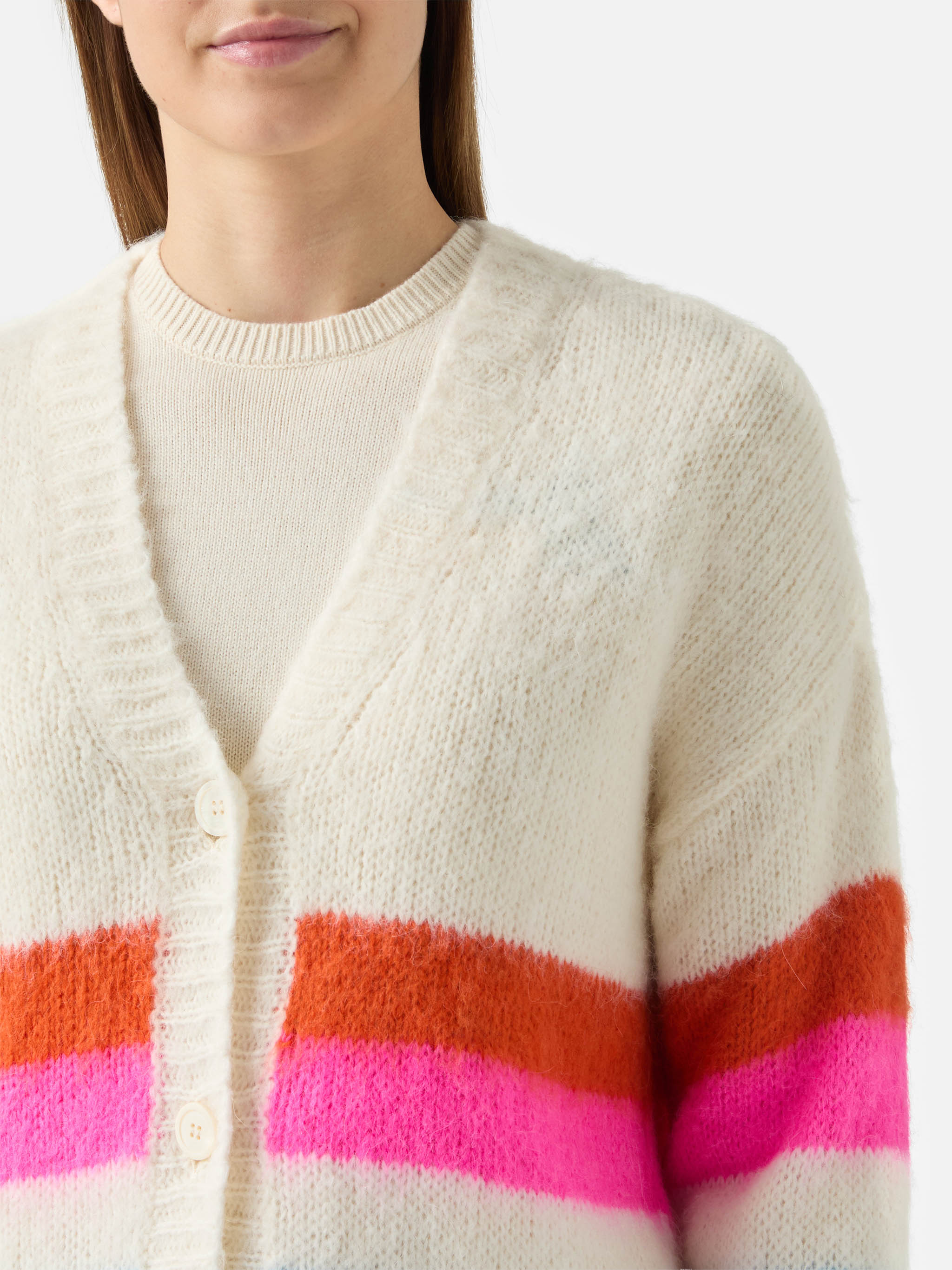 Soft Brushed Multicolor Striped Cardigan Chloe White