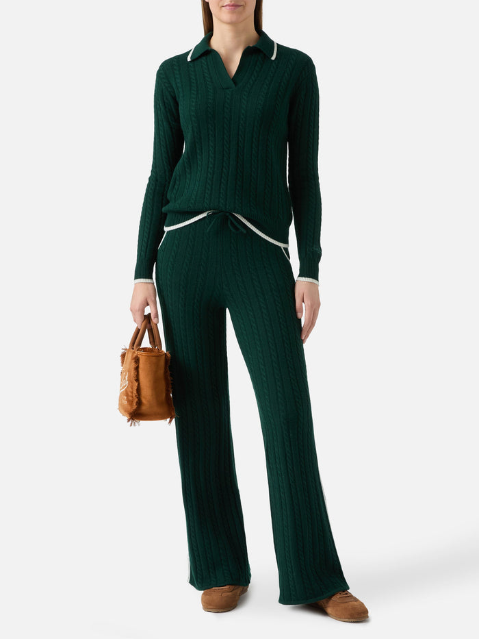 Clichy Cable-Knit Wool Polo British Green Knitwear