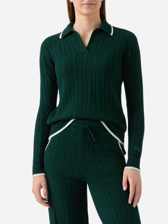 Clichy Cable-Knit Wool Polo British Green Knitwear