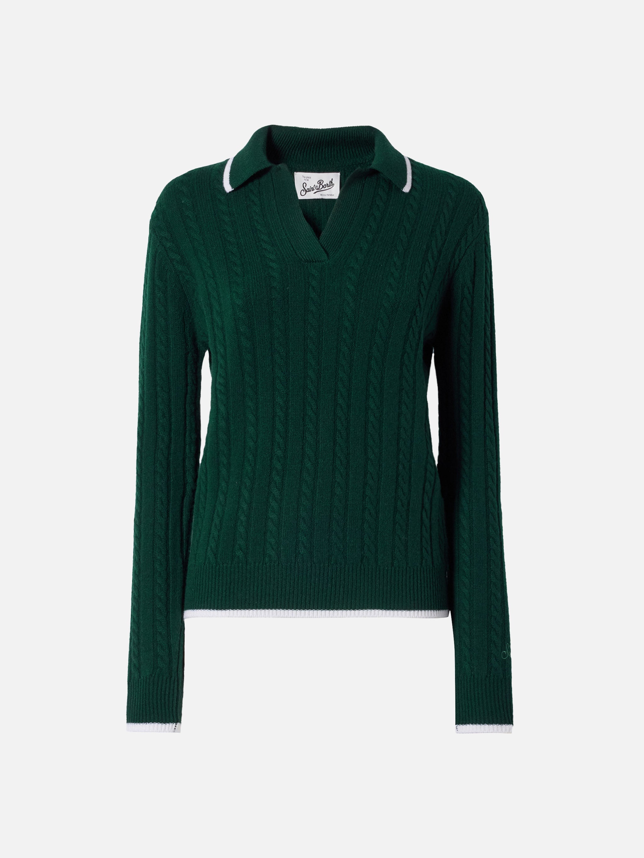 Clichy Cable-Knit Wool Polo British Green Knitwear