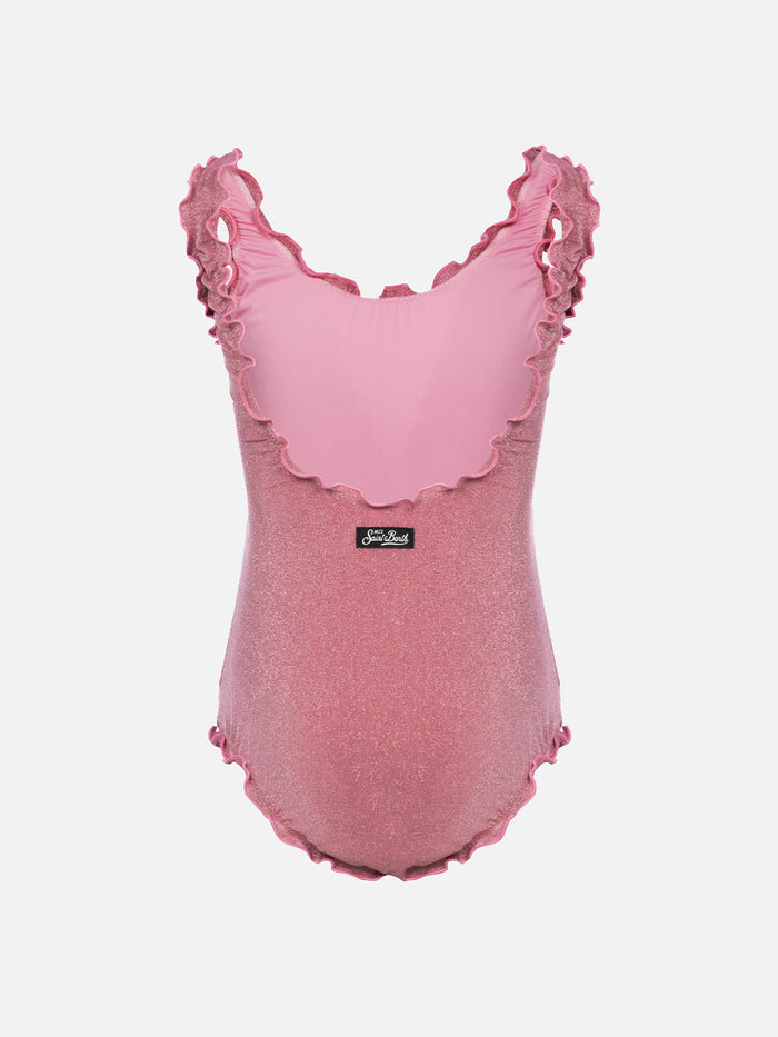 Girl Lurex One Piece Swimsuit Clio With Contrast Frill Pink