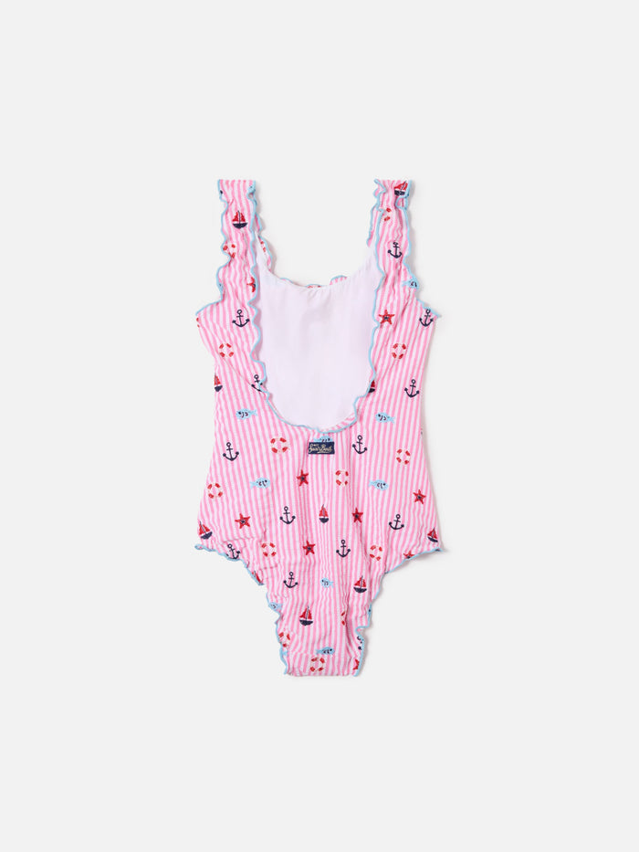 Clio One-Piece Swimsuit Embroidered Seersucker With Pink Stripes One Piece