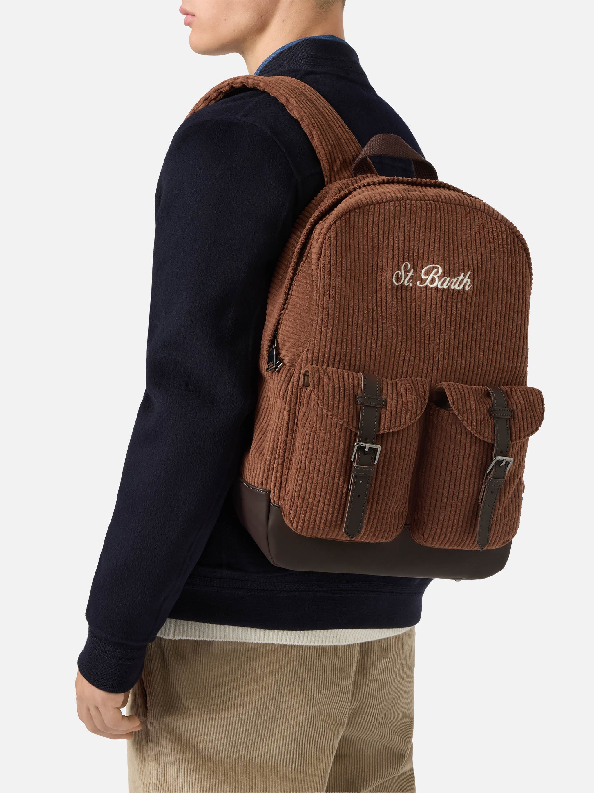 Cody Corduroy Backpack Wool Blend Brown With Leather Details