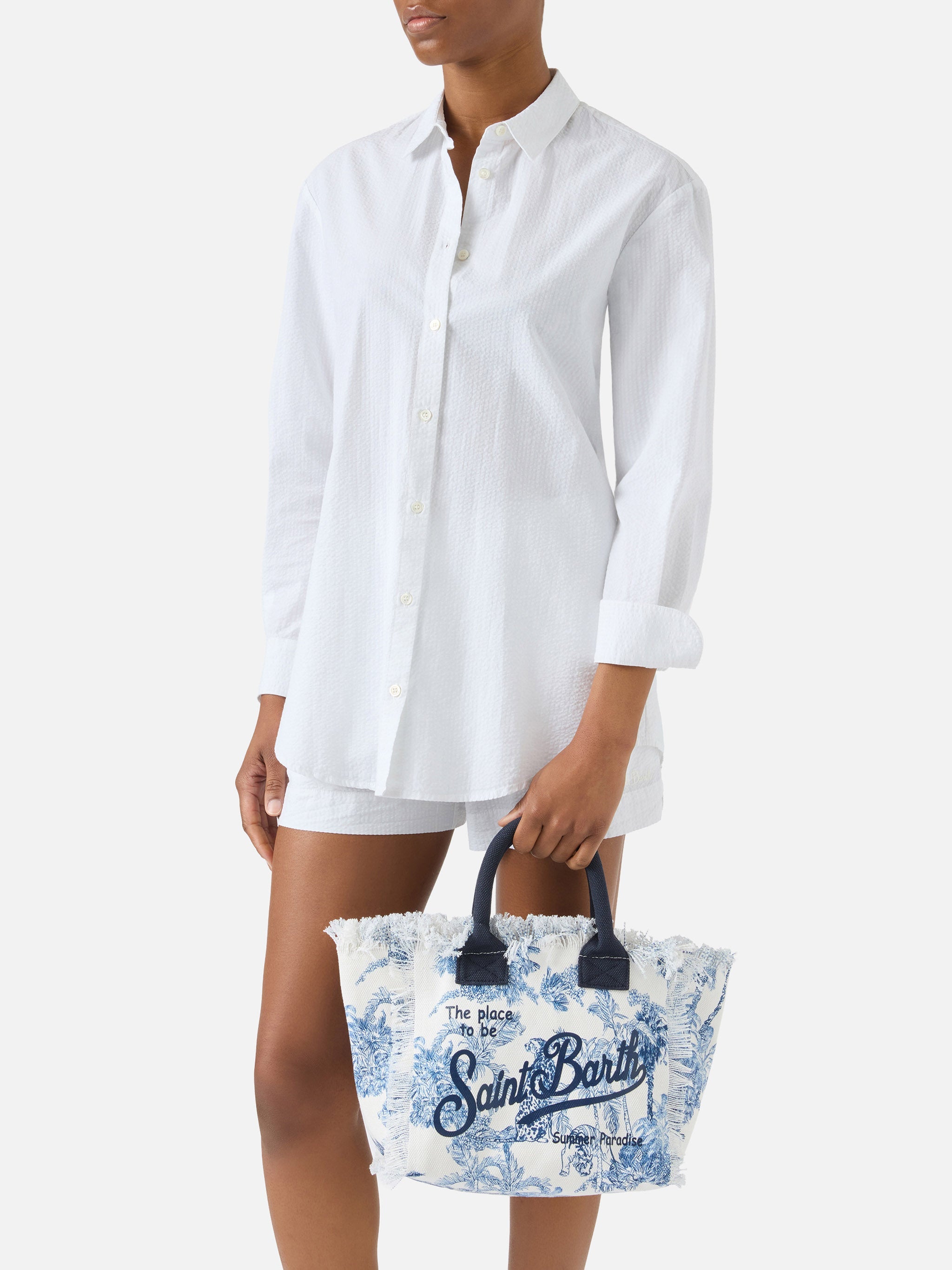 Colette Canvas Bag With Blue Toile De Jouy Print White