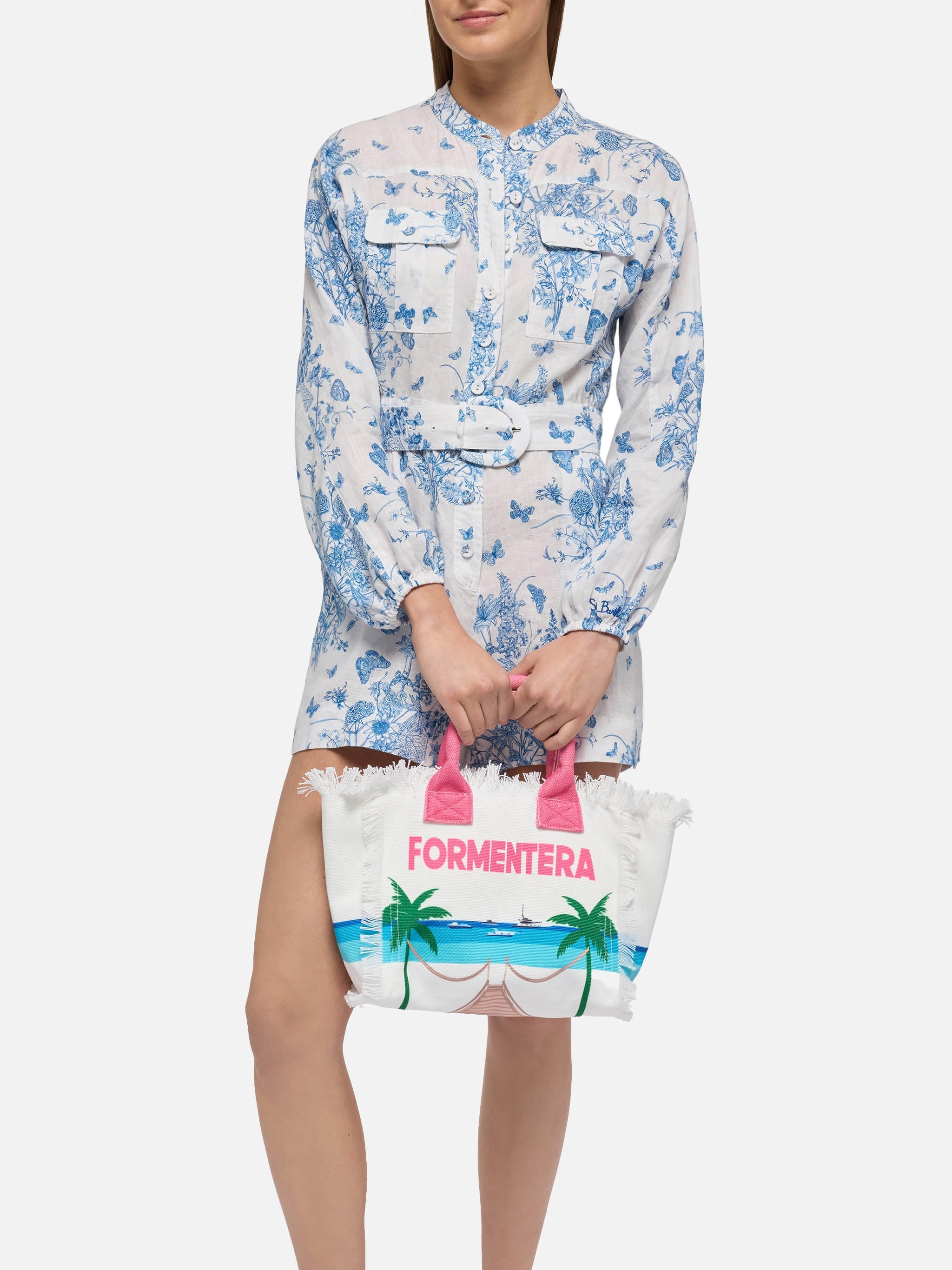 Colette Cotton Canvas Handbag With Formentera Postcard Print White Bag