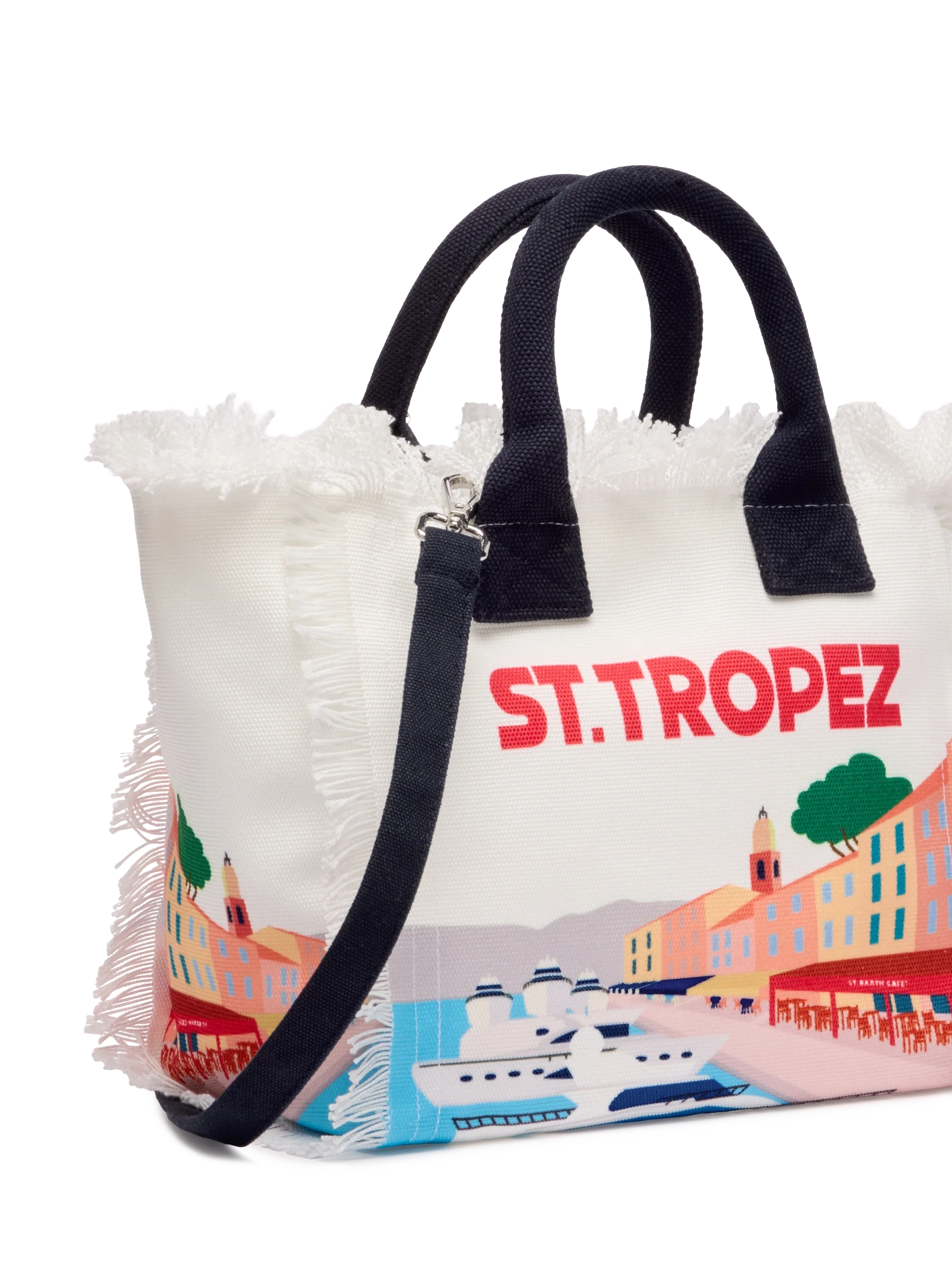 Colette Cotton Canvas Handbag With St. Tropez Postcard Print White Bag