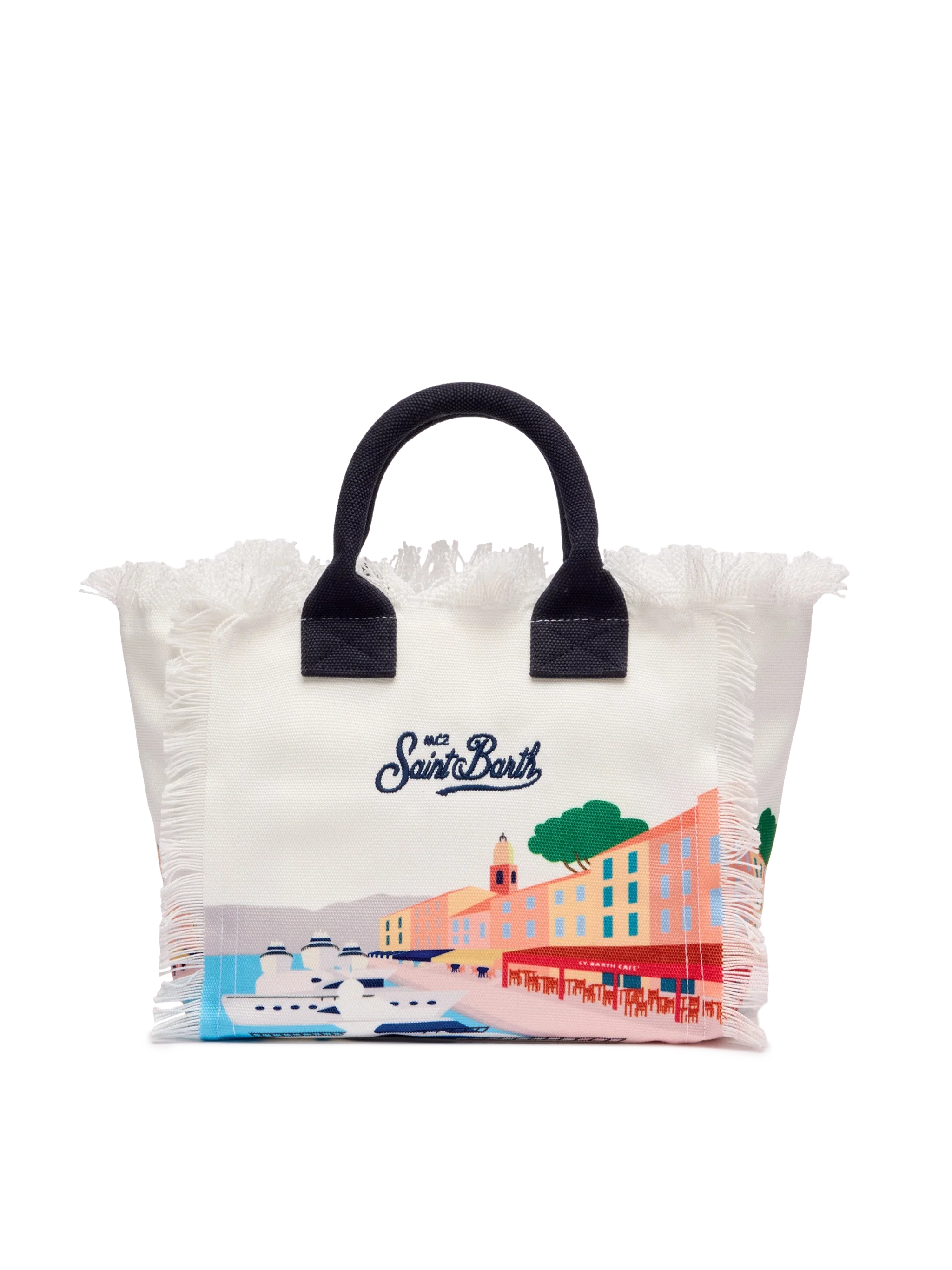 Colette Cotton Canvas Handbag With St. Tropez Postcard Print White Bag