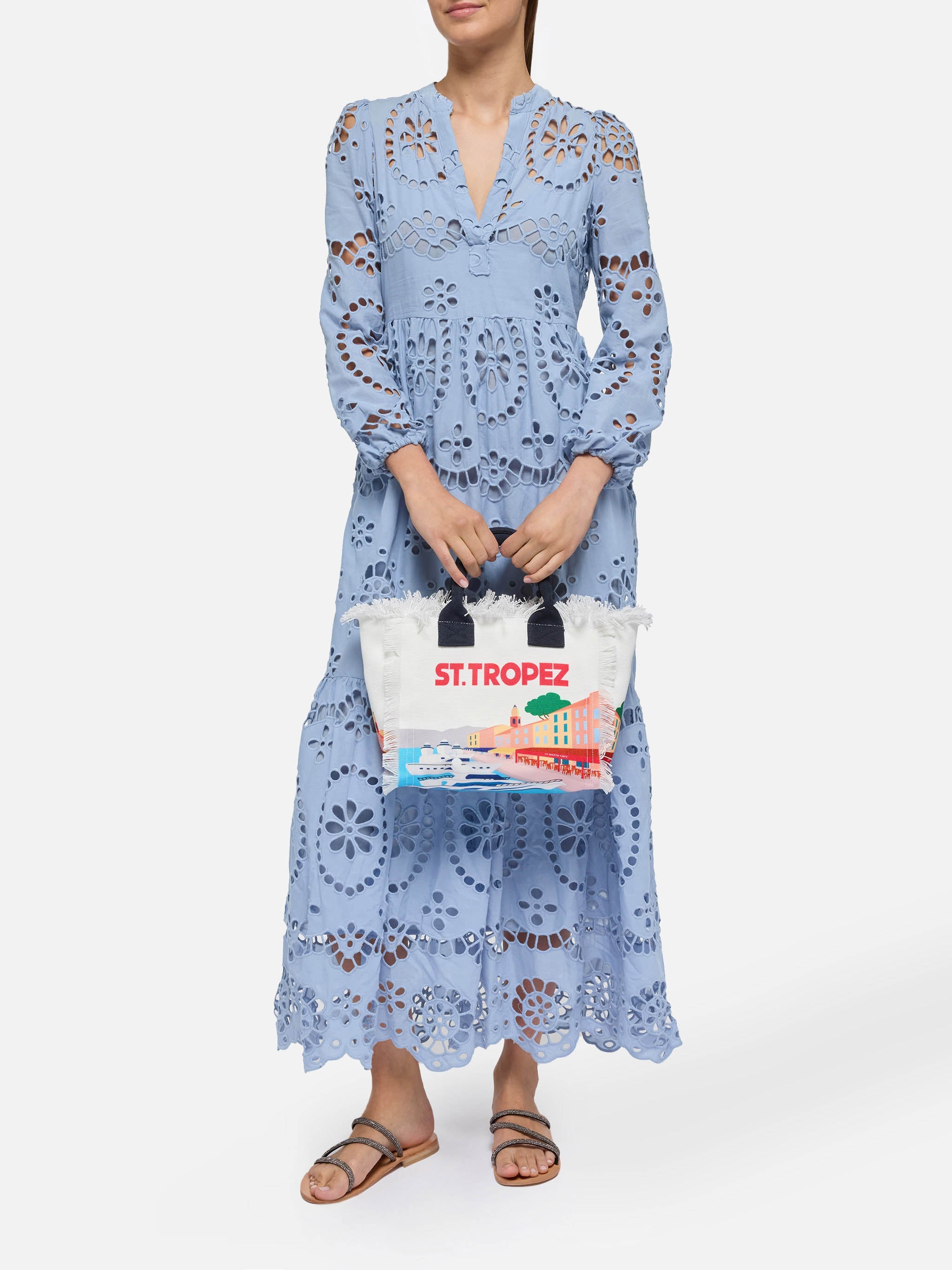 Colette Cotton Canvas Handbag With St. Tropez Postcard Print White Bag