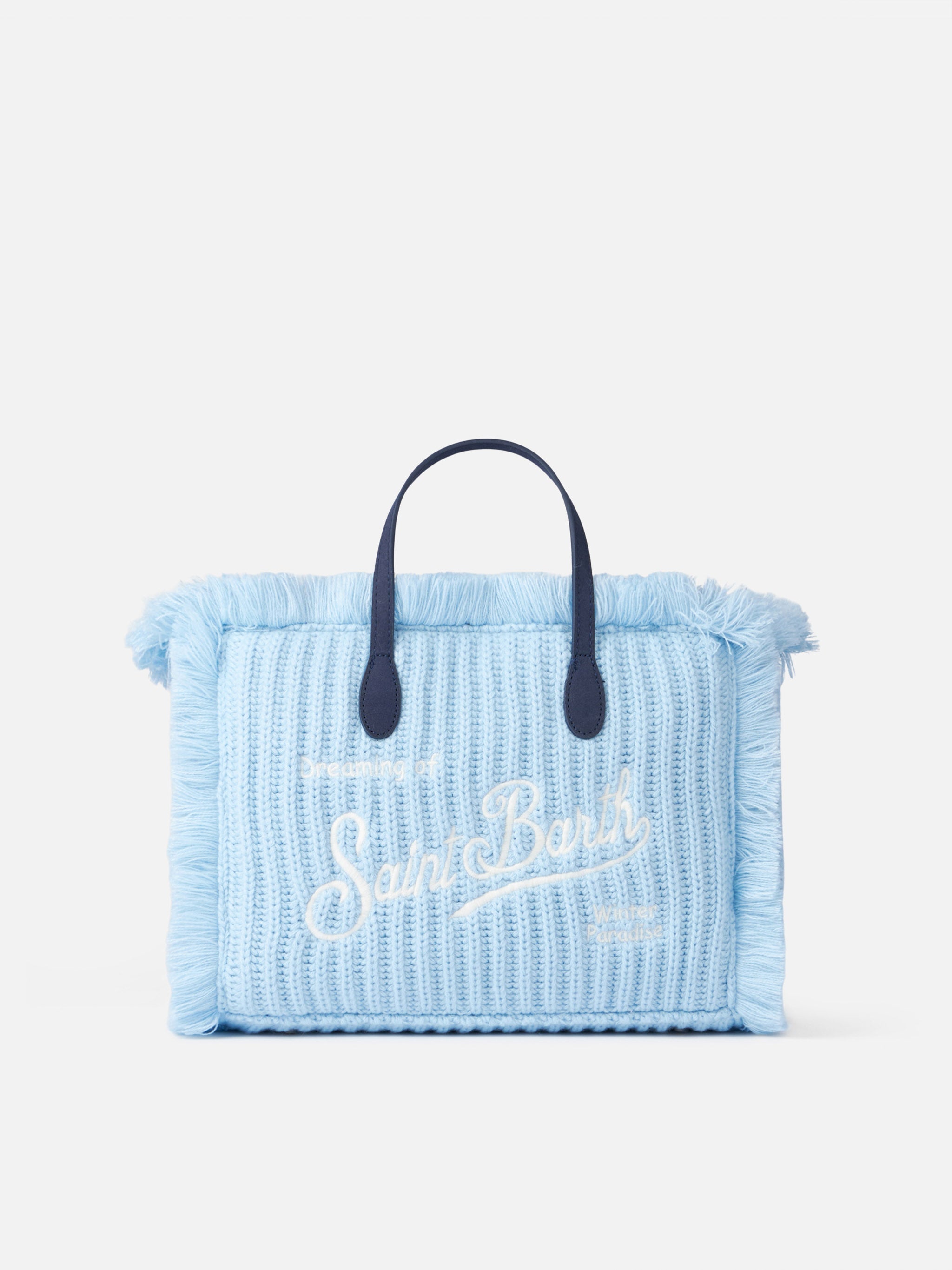 Light Blue Rib Knit Colette Handbag With Logo Embroidery Bag