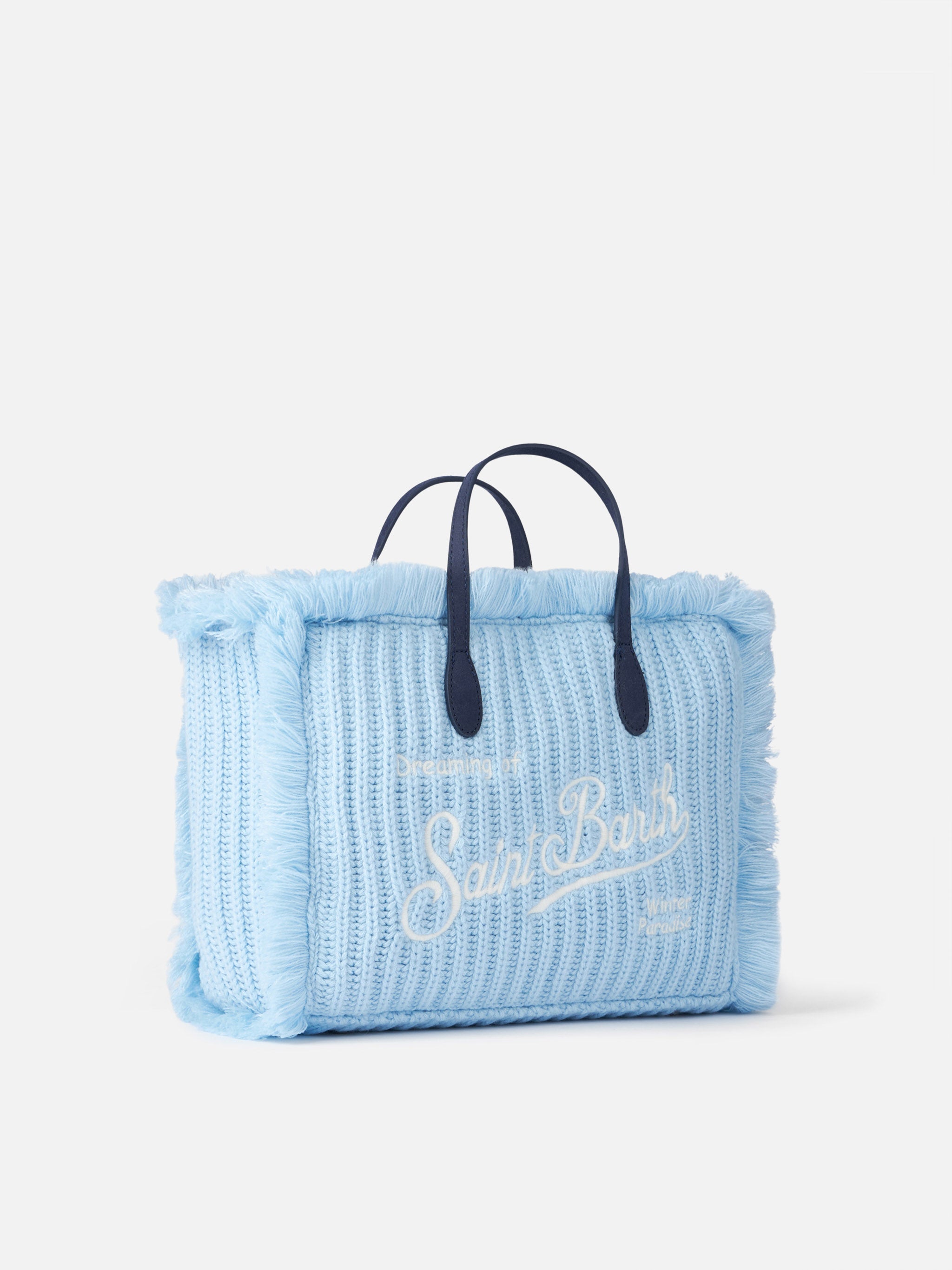 Light Blue Rib Knit Colette Handbag With Logo Embroidery Bag