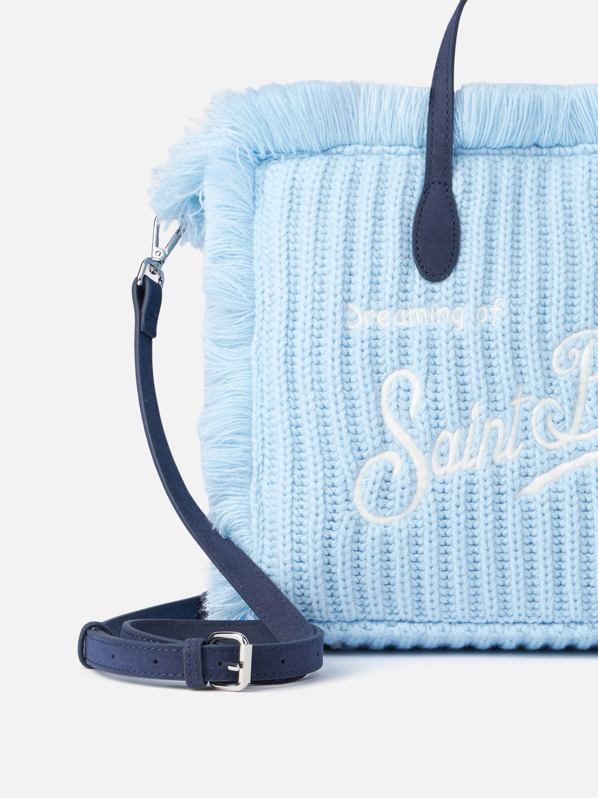 Light Blue Rib Knit Colette Handbag With Logo Embroidery Bag