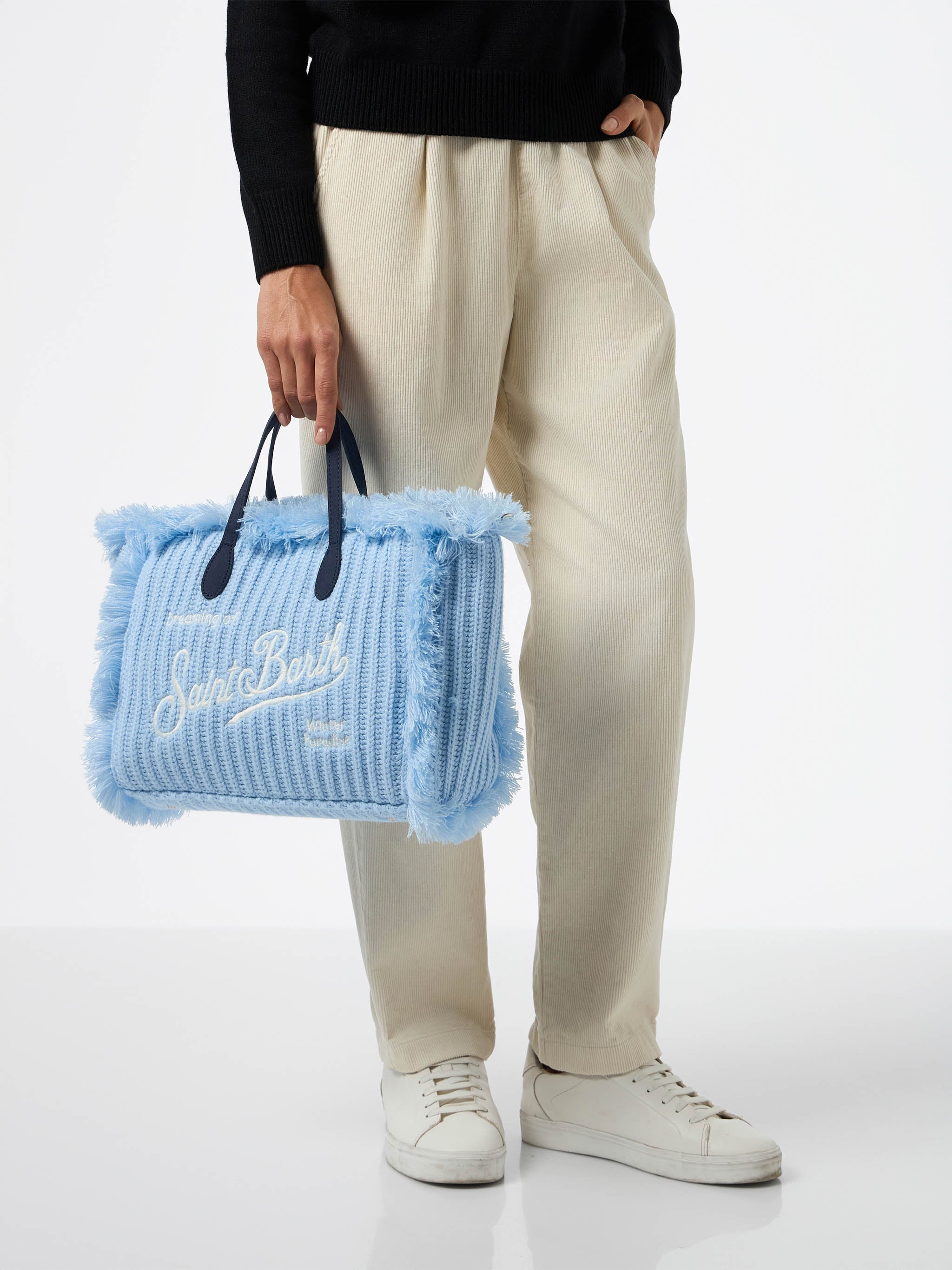 Light Blue Rib Knit Colette Handbag With Logo Embroidery Bag