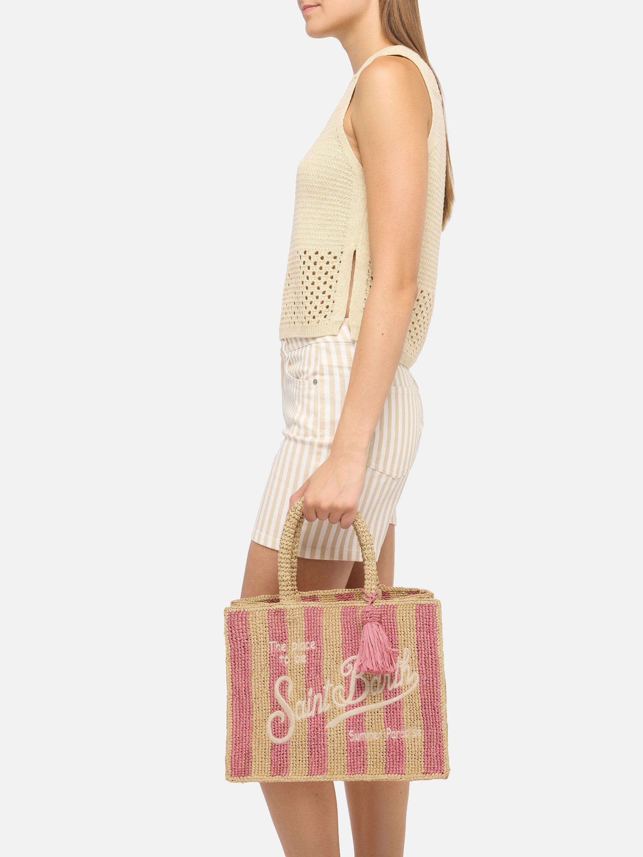 Colette Raffia Pink Striped Handbag With Logo Embroidery __single__ Bag